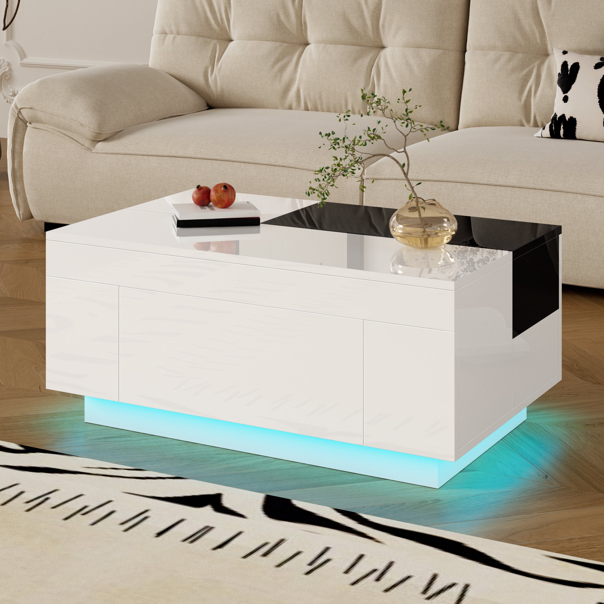 Coffee Table with LED Lighting, Extendable Tabletop, Storage - Black and White