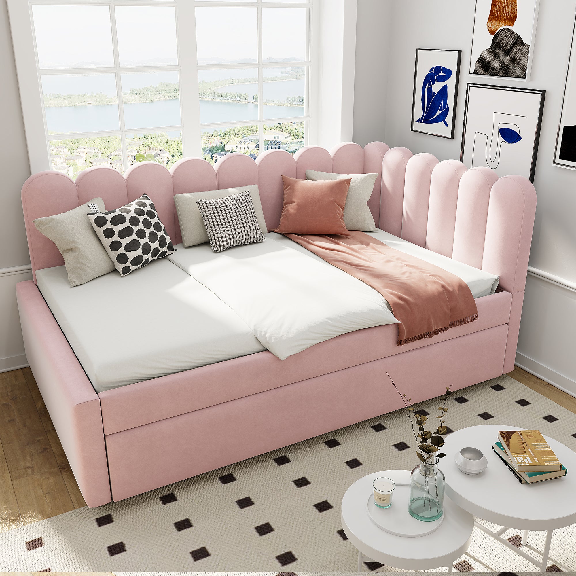L-shaped Upholstered Bed, Sofa Bed 140x200cm with Pull-Out Bed, Pink Velvet
