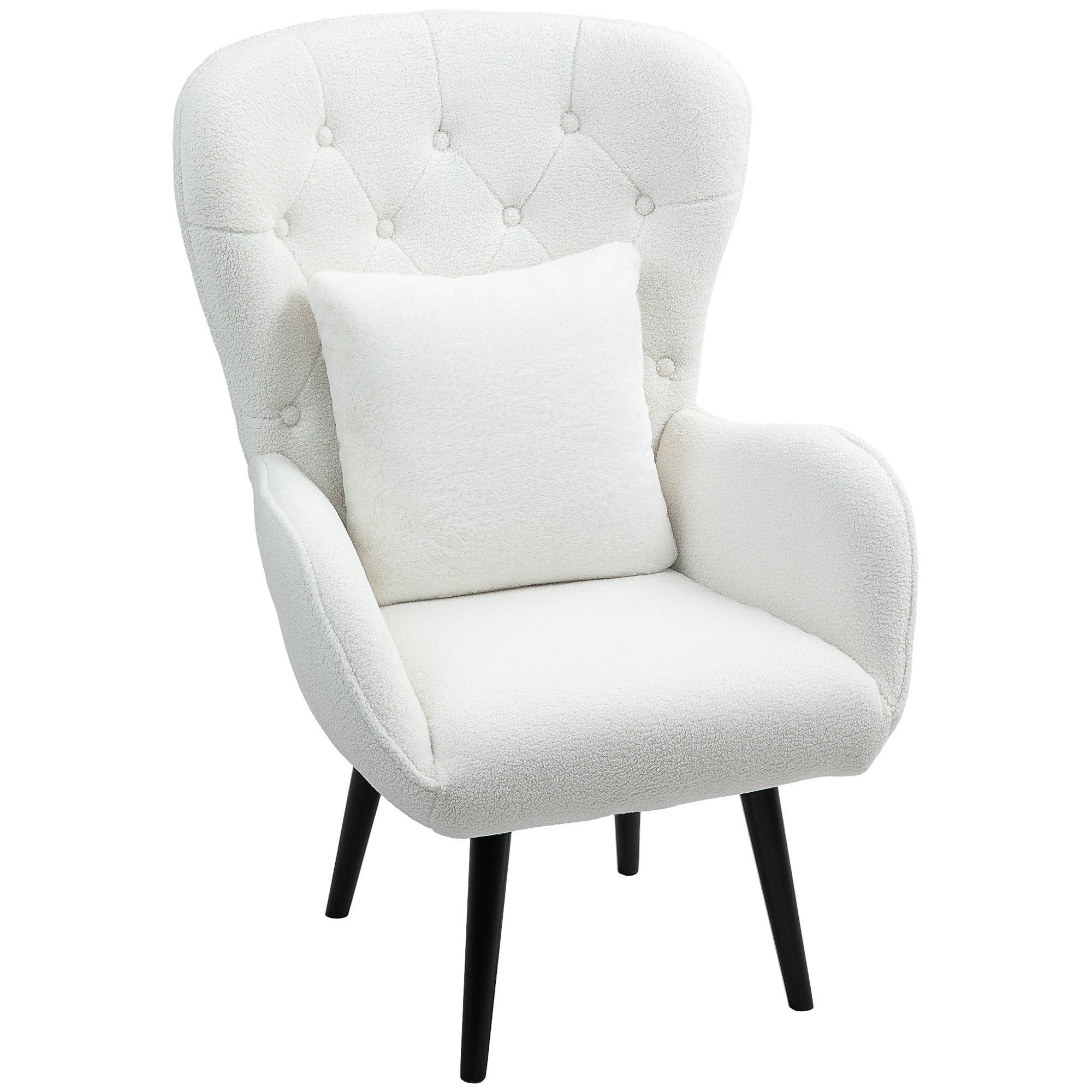 Armchair Lounge Chair, Padded Teddy with Lumbar Cushion, Wooden Legs, White