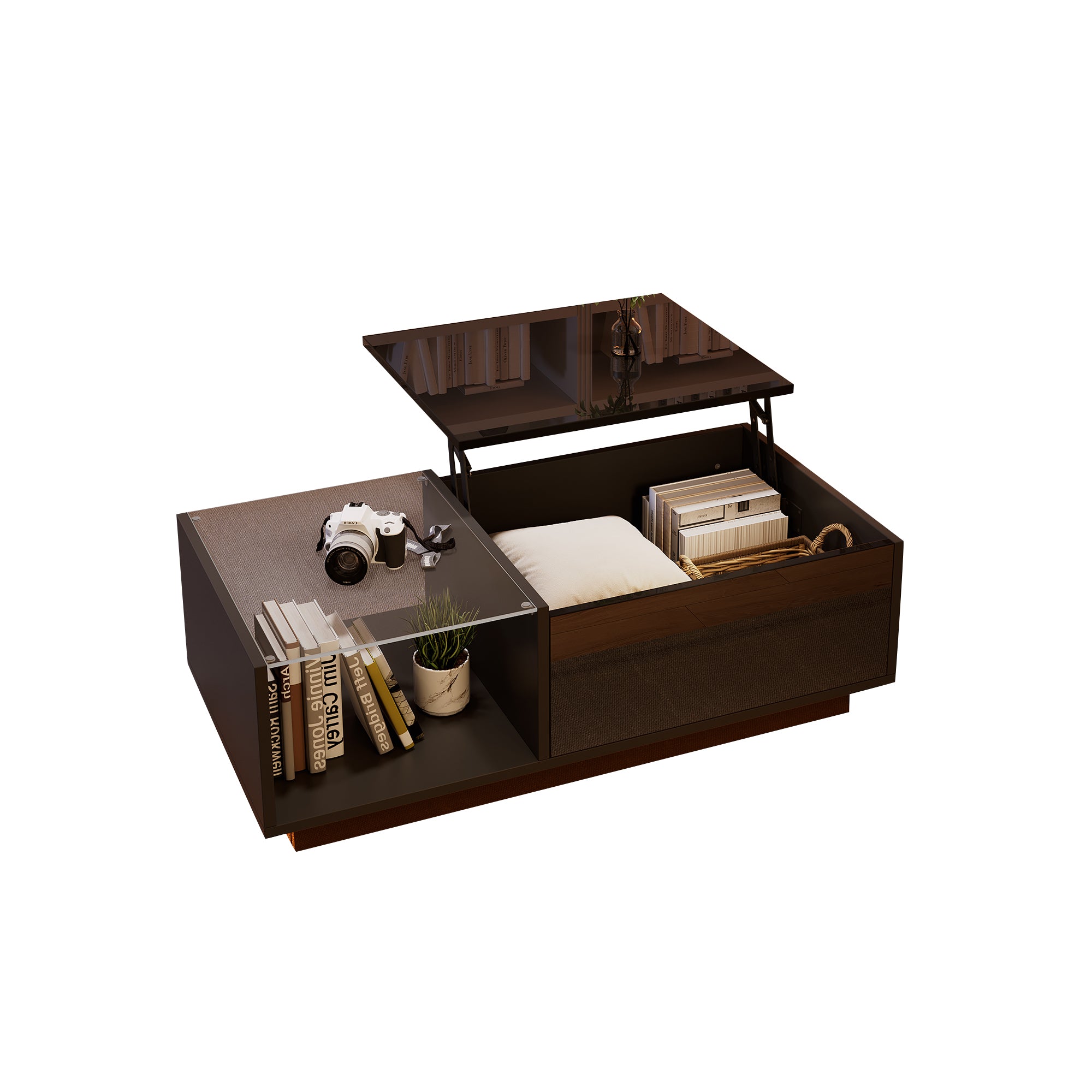 LED Coffee Table, Height-Adjustable with Hidden Storage and Shelf, High-Gloss