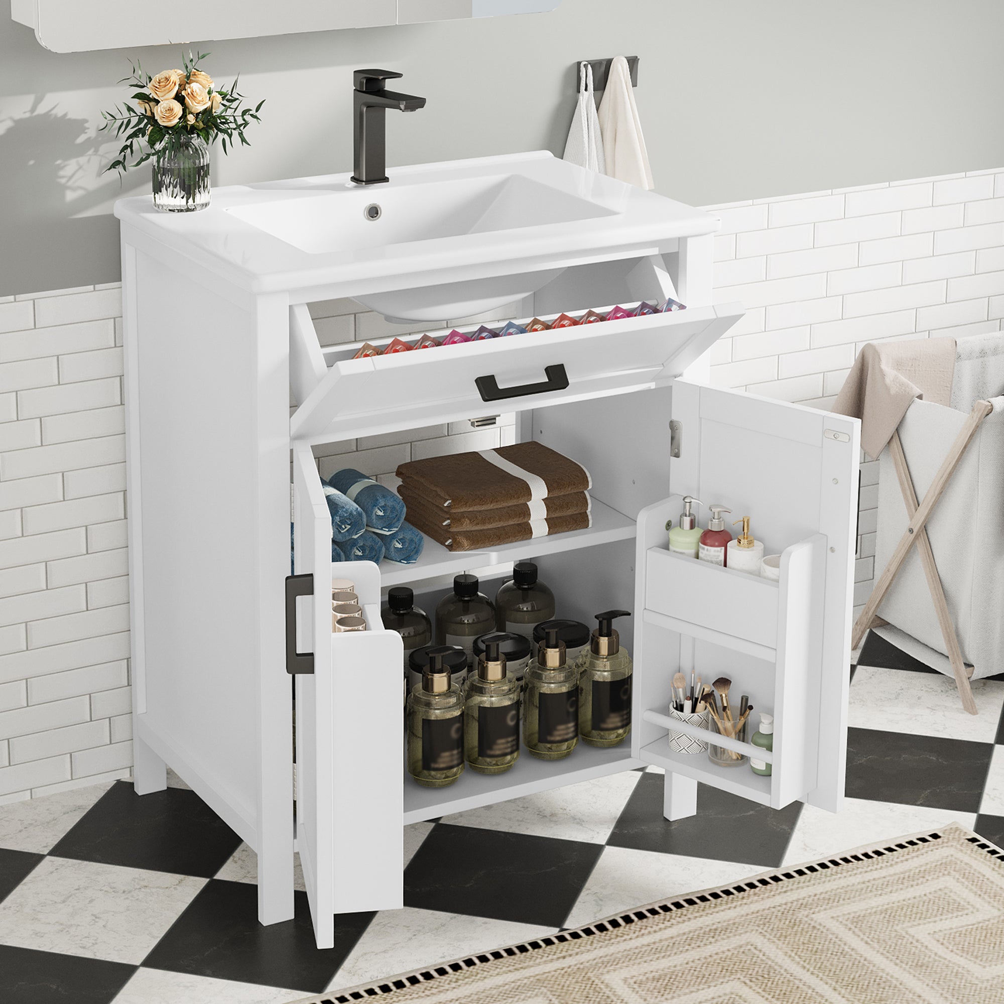 Bathroom Vanity Unit with Ceramic Sink and Adjustable Shelves, White
