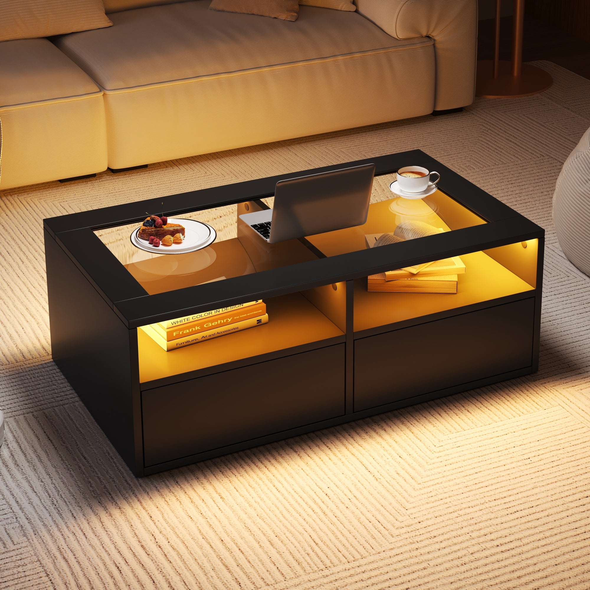 Coffee Table 100x50x35cm LED Light 2 Drawers Glass Storage Black