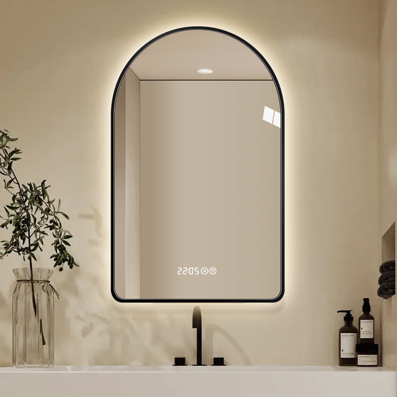 Arched LED Bathroom Mirror, 70x120cm, Anti-Fog, Dimmable, Time/Temp Display, Black Frame