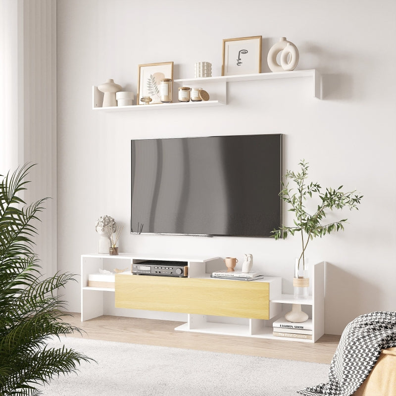 TV Cabinet with Wall Shelf, 65" Wall-Mounted/40" Standing, White and Natural