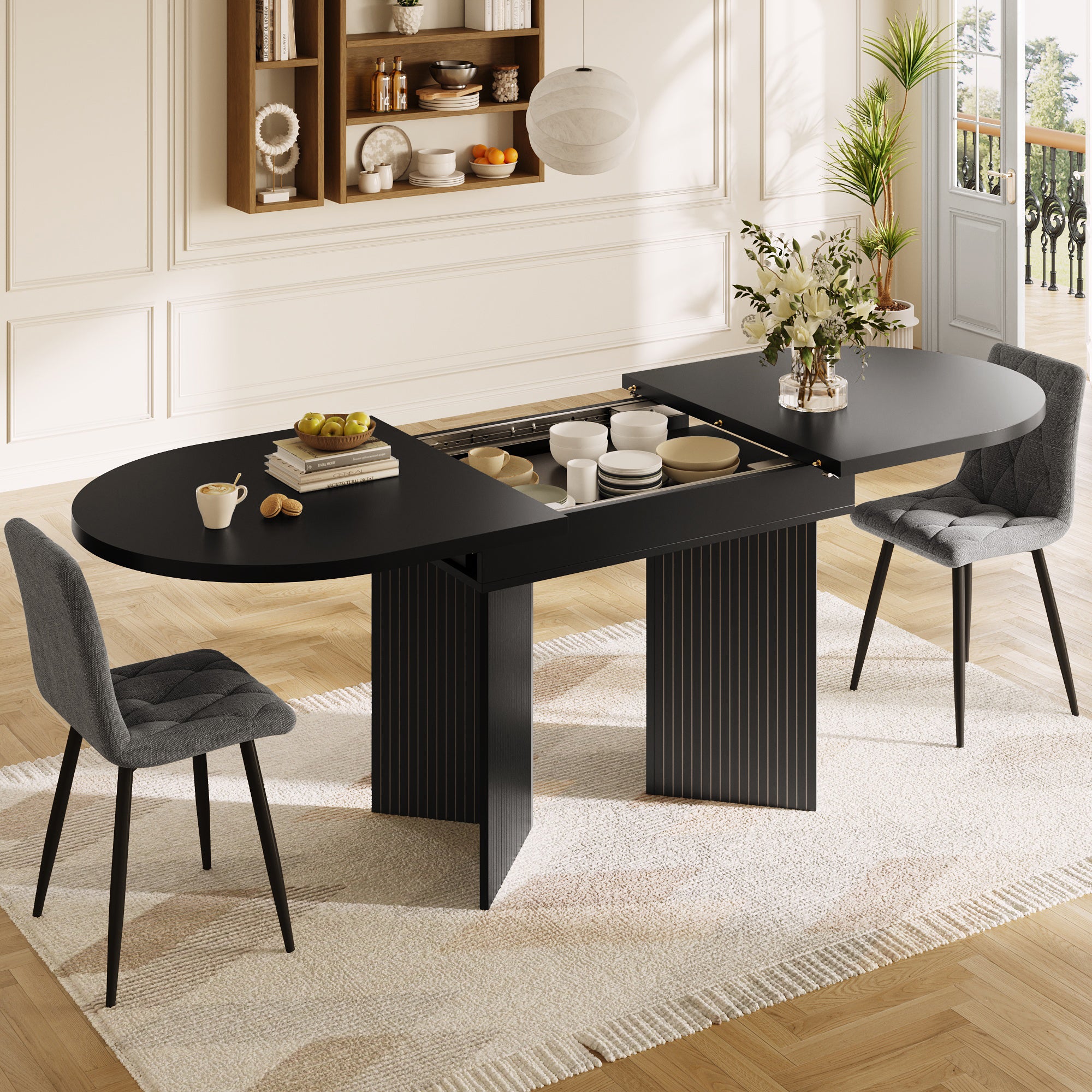 Extendable Dining Table with Internal Extension Leaves, 120-160cm, Black