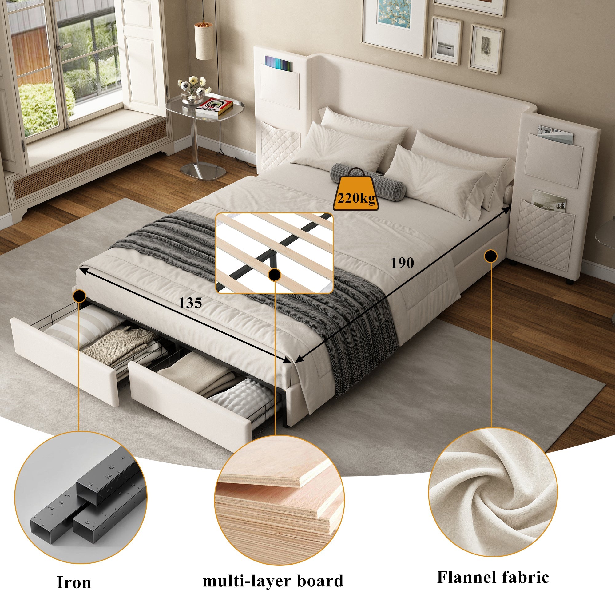 Upholstered Bed 4ft6 Double 135x190cm with Storage Pockets & Drawers, Beige Velvet