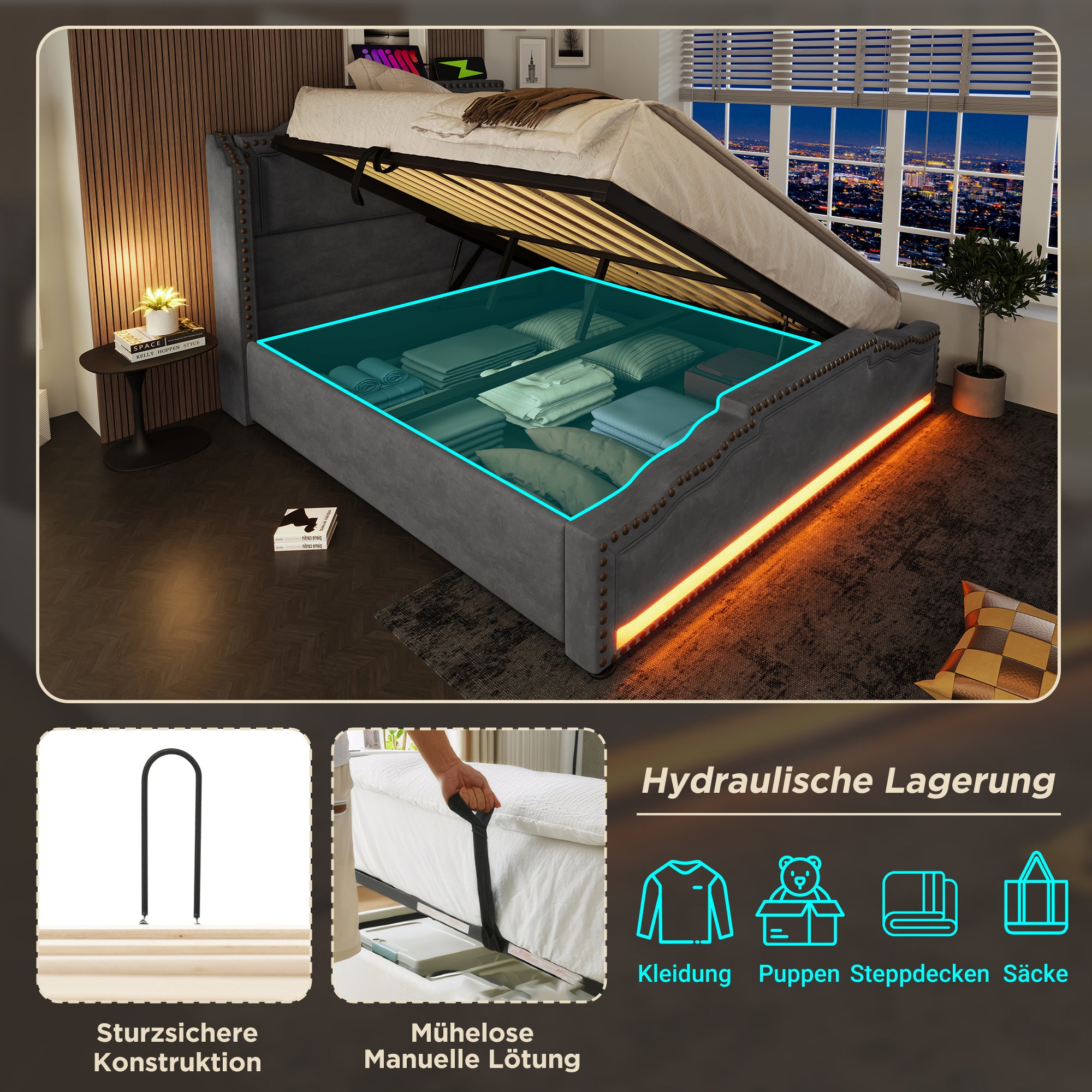 Upholstered Bed 160x200, Hydraulic Storage, LED, USB-C, Velvet Grey