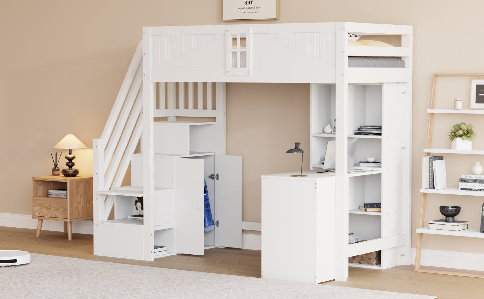 Loft Bed, 90x200cm with Storage, Desk, Drawers, White Solid Wood