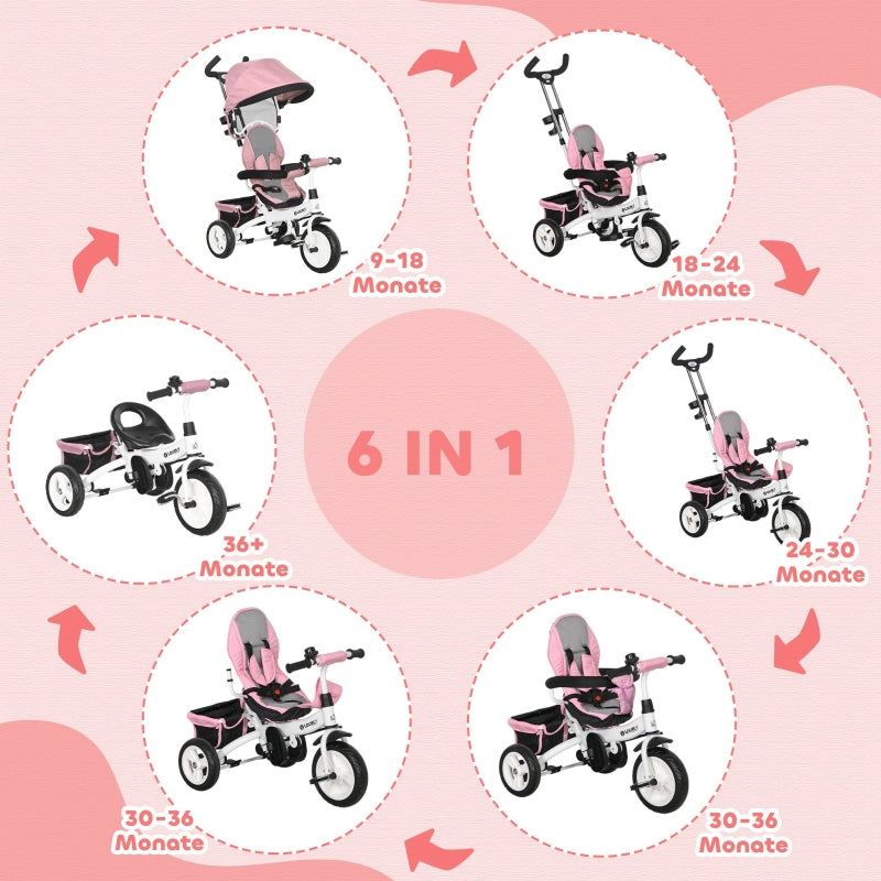 6-in-1 children's tricycle with push bar, canopy, belt, storage basket, for ages 1-5, pink
