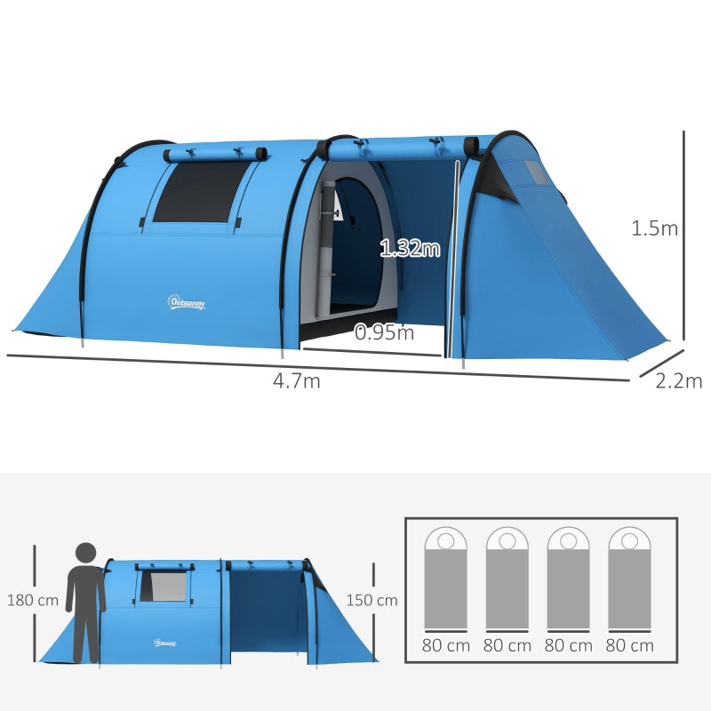 Four Man Tent, Duo Room Tunnel Design with Accessories, Sky Blue