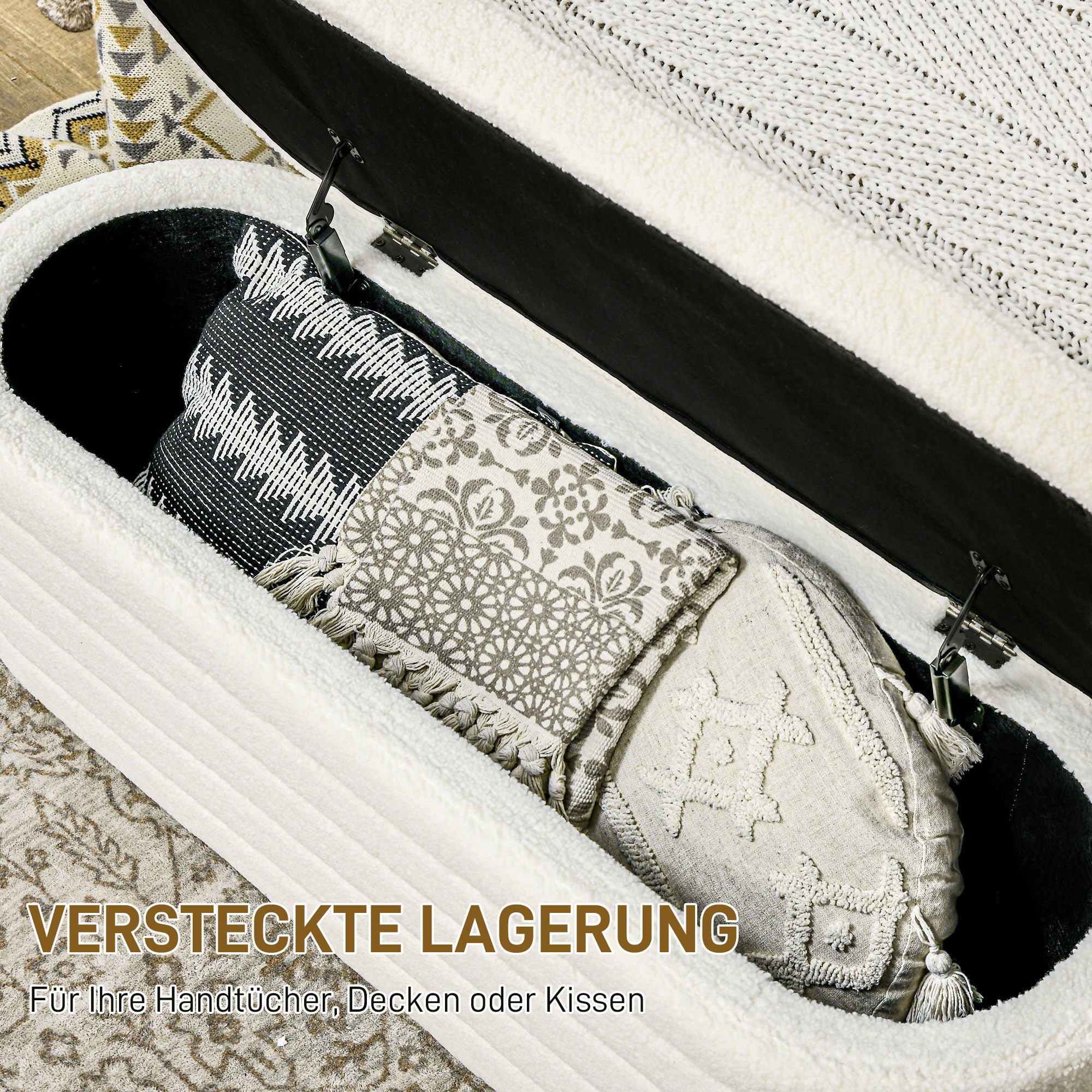 Bedroom Bed Bench Storage Wooden Legs Teddy Fleece Cream White