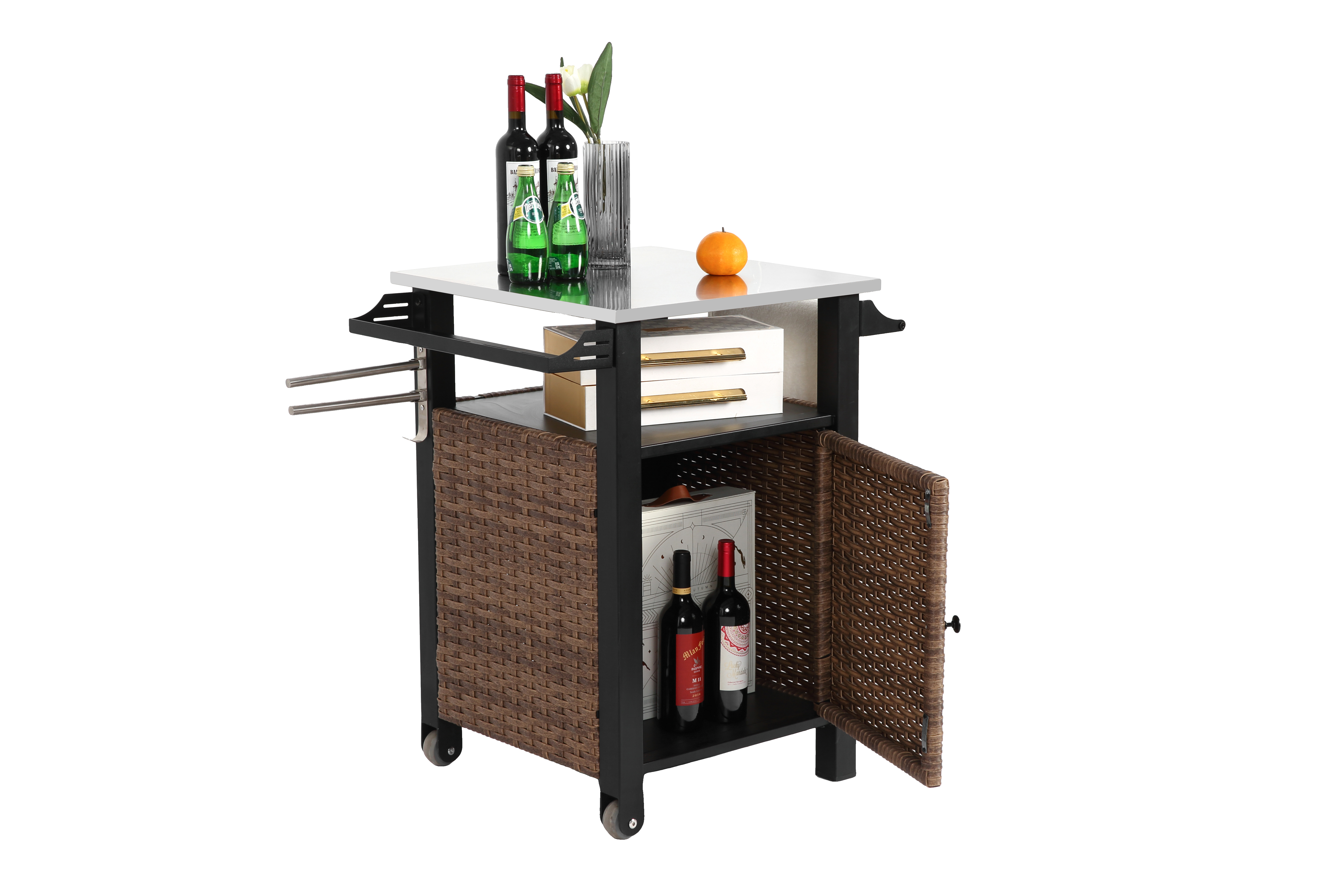 Bar Cart, Outdoor Kitchen Wicker Island Rolling with Stainless Steel Top, Brown
