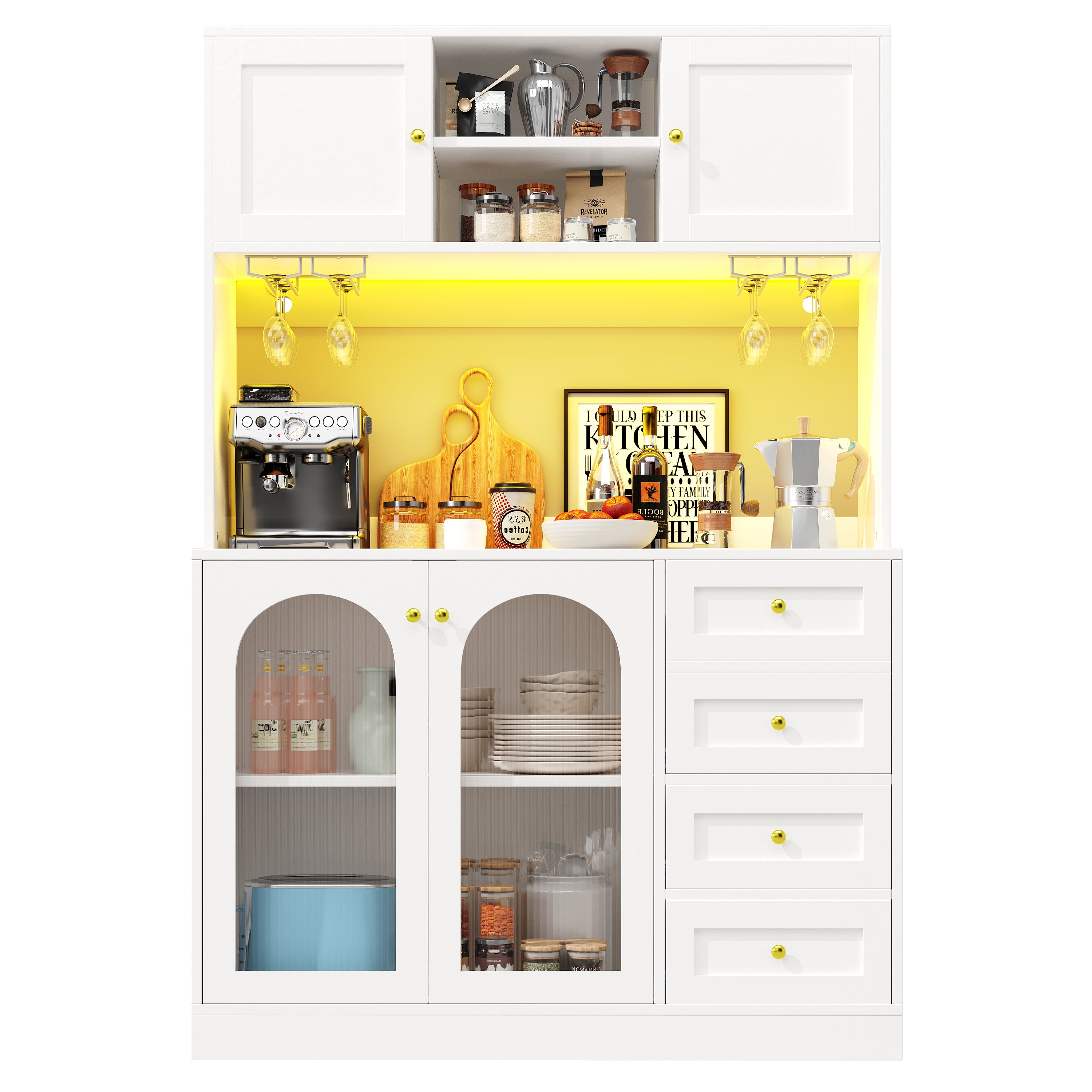 Sideboard Buffet Cabinet with LED Lighting and Fluted Glass Doors, Black and White