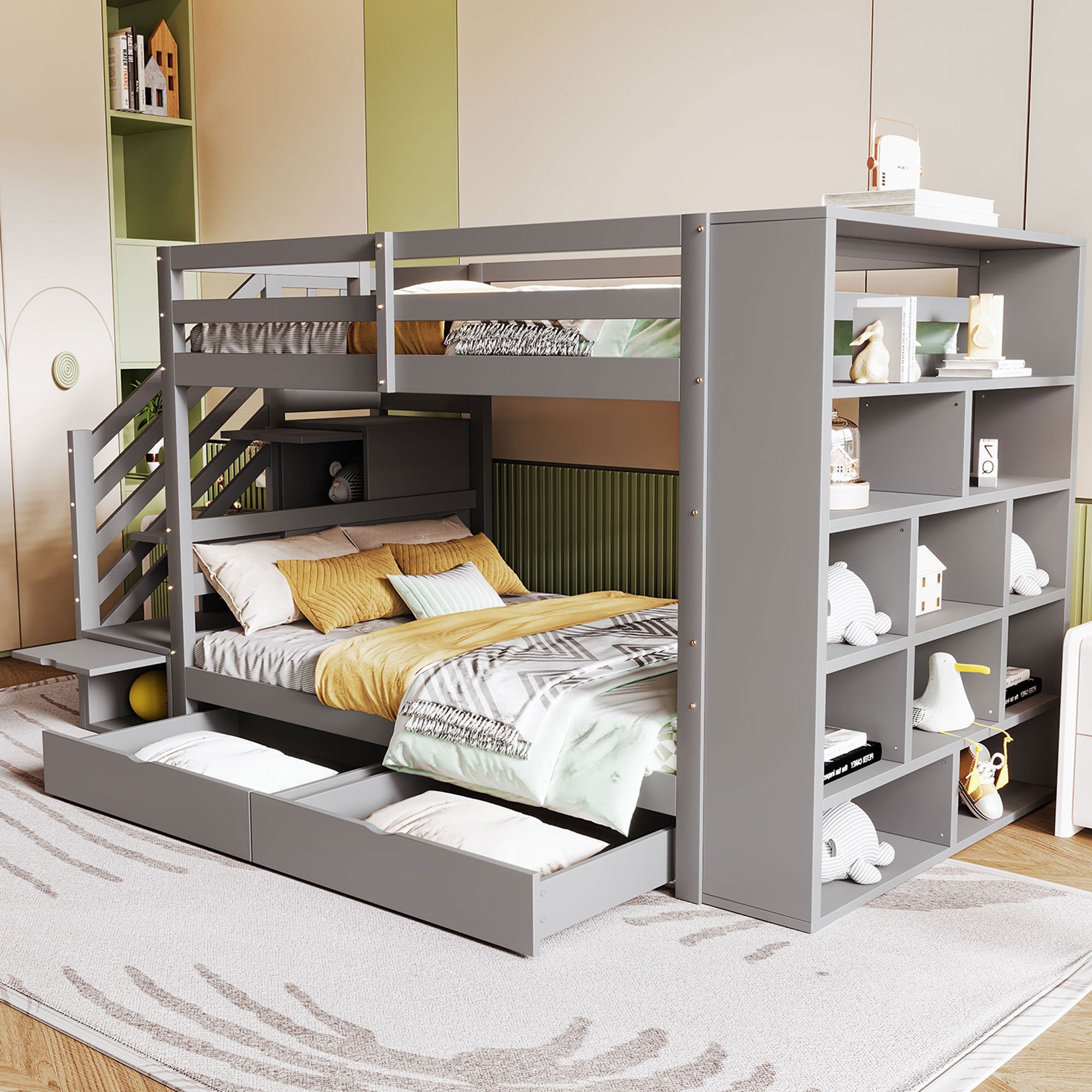 Bunk bed 90 x 200 cm with safety ladder, storage, high fence, slatted frame, grey pine