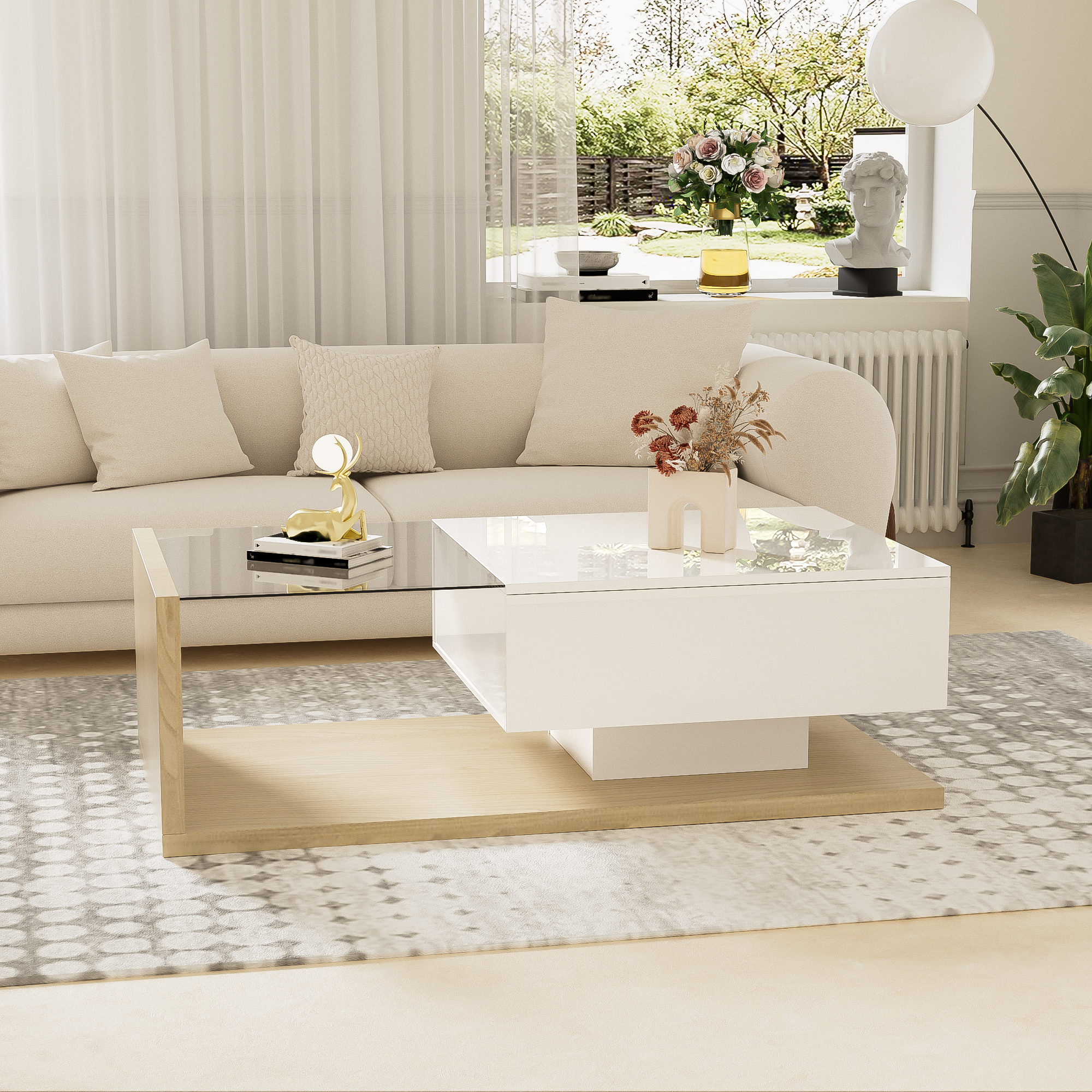 Coffee Table with Glass and LED, High Gloss White and Wood