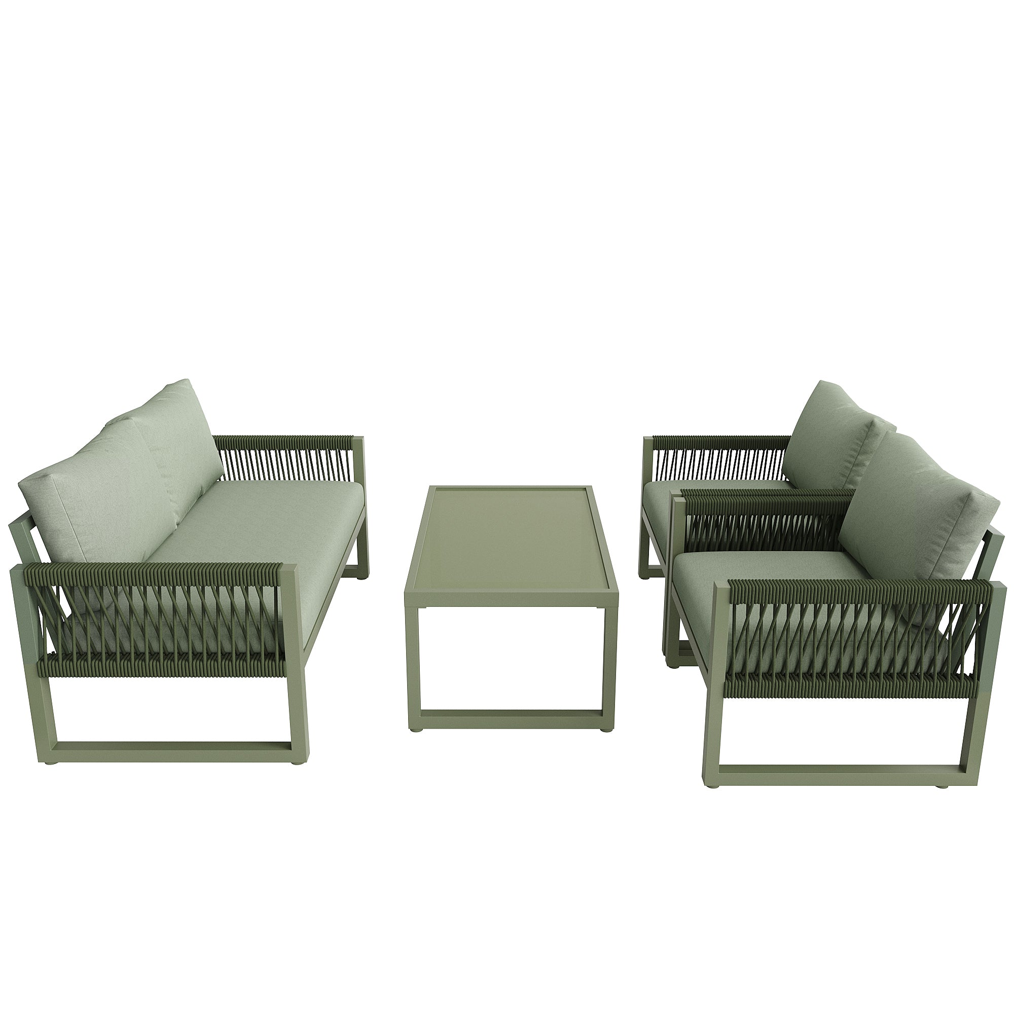 Garden Lounge Chair Set 4-Piece Rope/Iron Frame Glass Top - Green