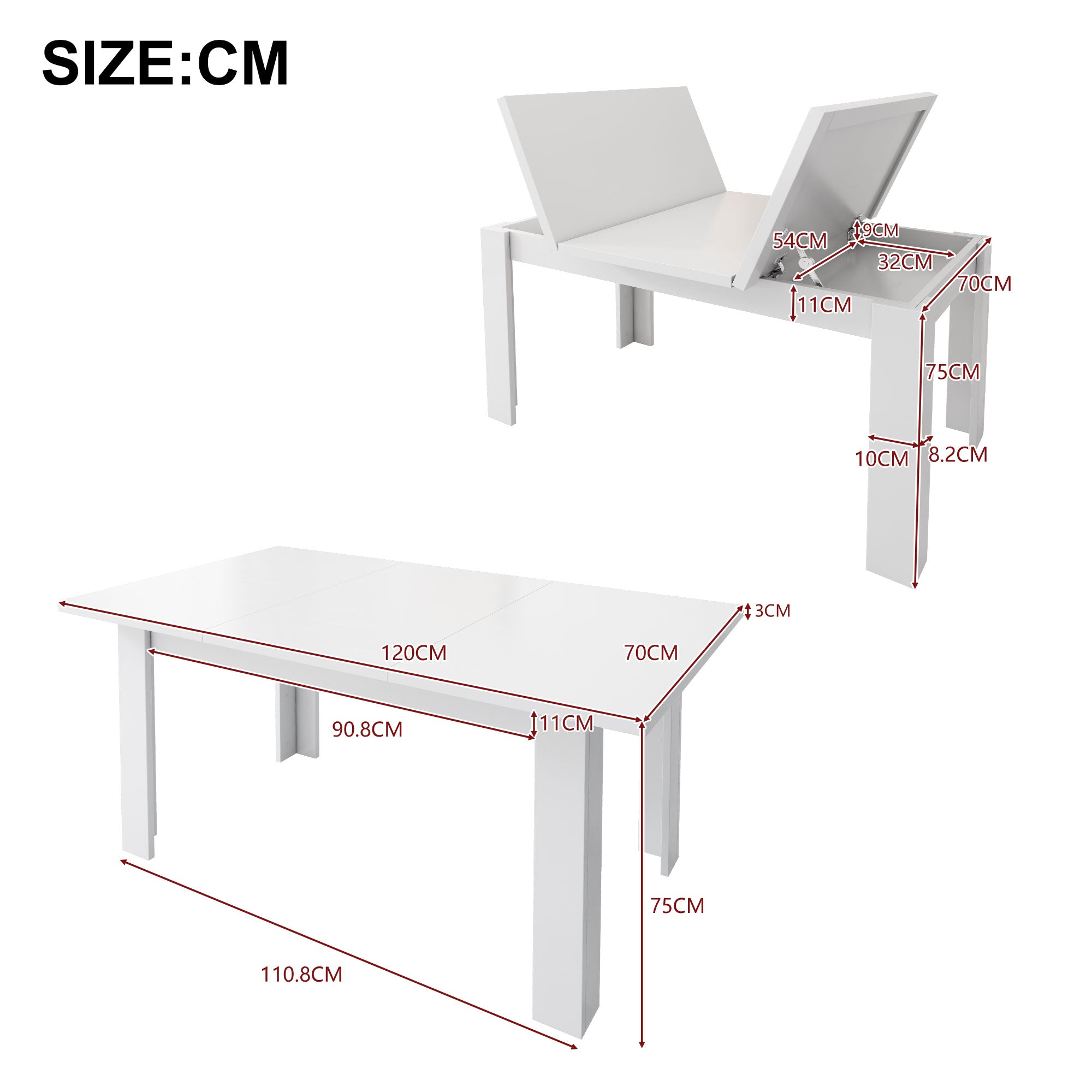 Dining Table 120x70cm Rectangular Storage Space-Saving - White