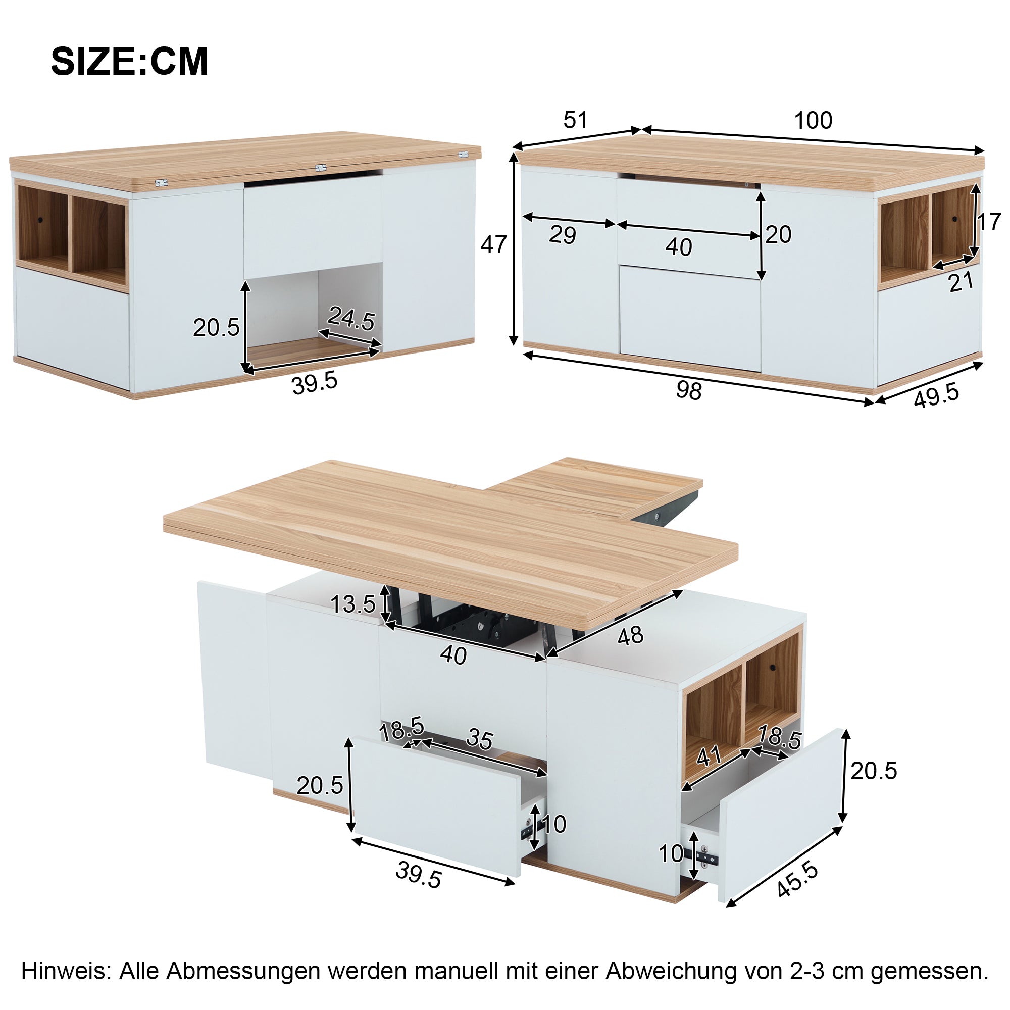 Liftable Coffee Table Opens to 2 Tables Storage - White/Wood