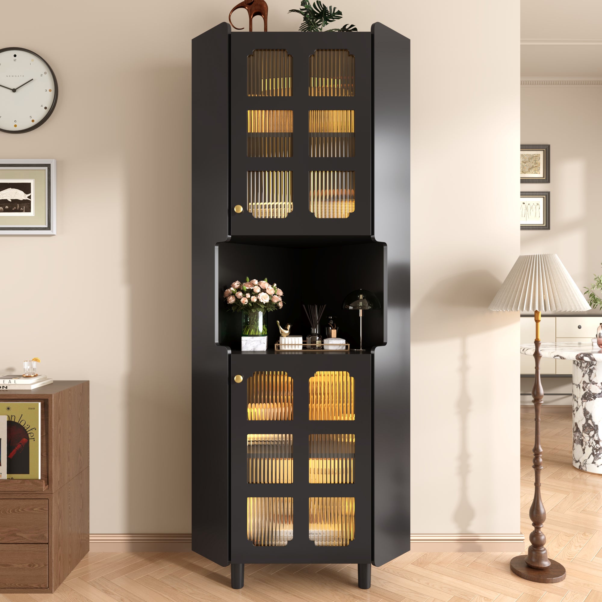 Corner Cabinet Multifunctional LED Storage - Black Lacquer Finish
