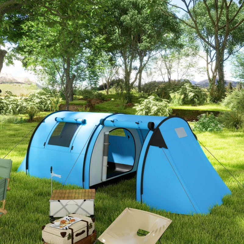 Four Man Tent, Duo Room Tunnel Design with Accessories, Sky Blue