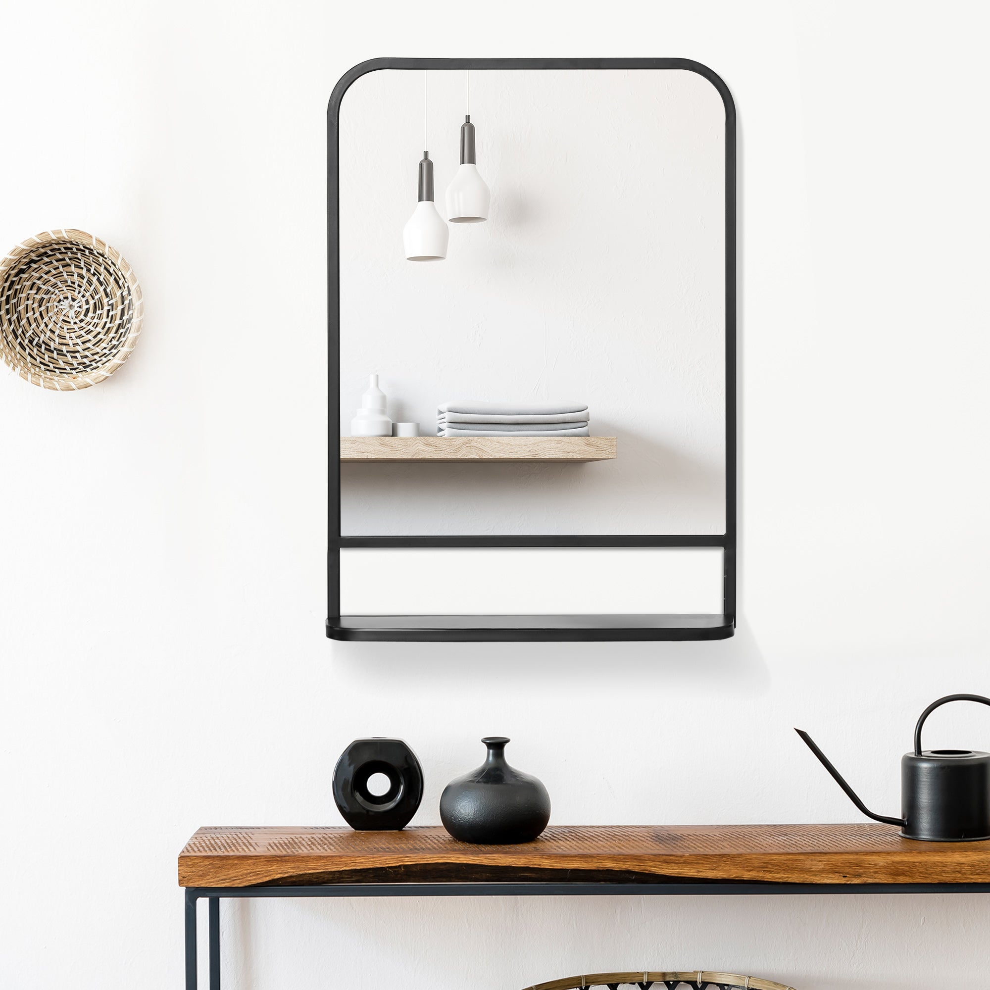 Wall Mirror with Shelf 70x50cm Modern Rectangular, Black