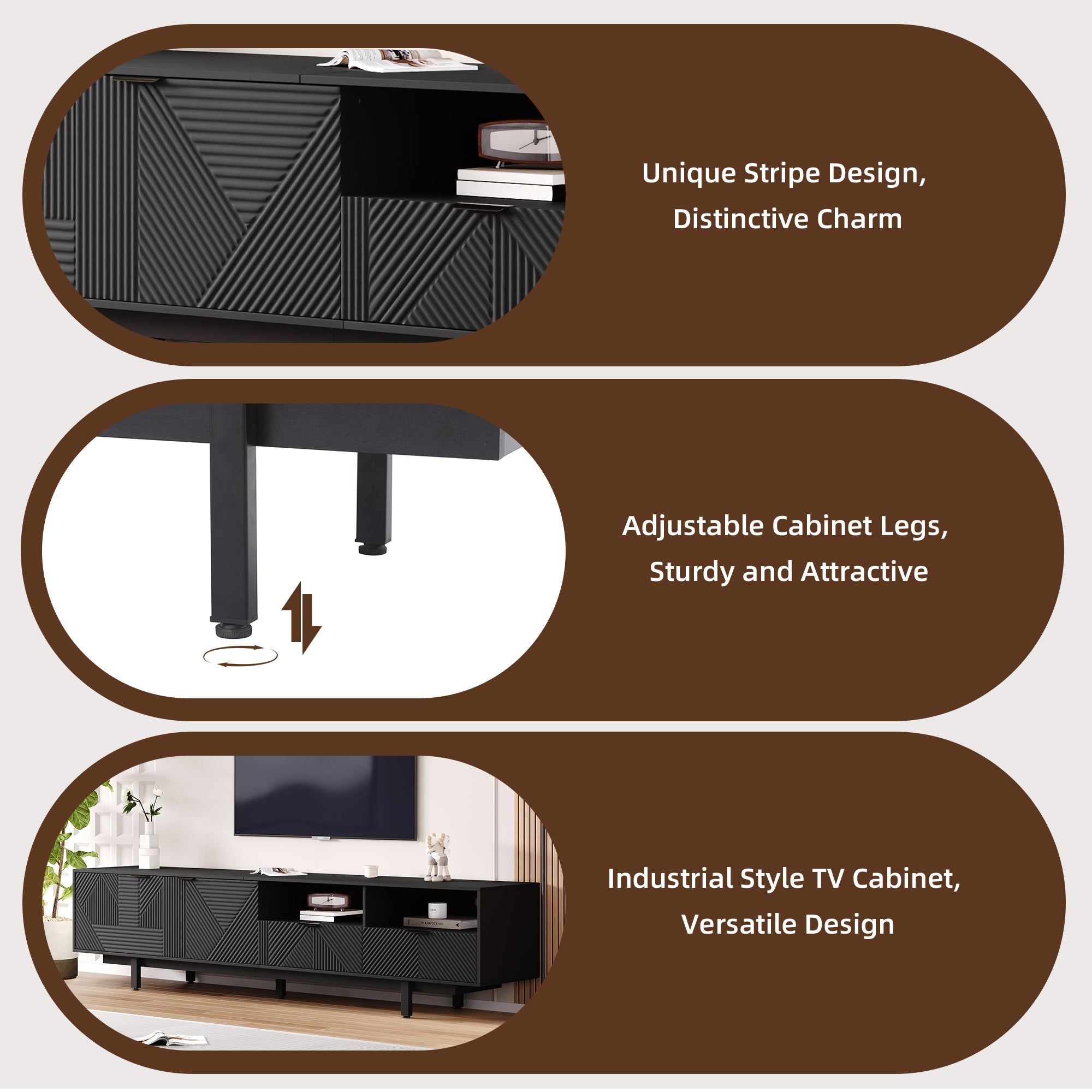 TV Cabinet Entertainment Center with Storage, Black Geometric Lines, Modern Bohemian Style