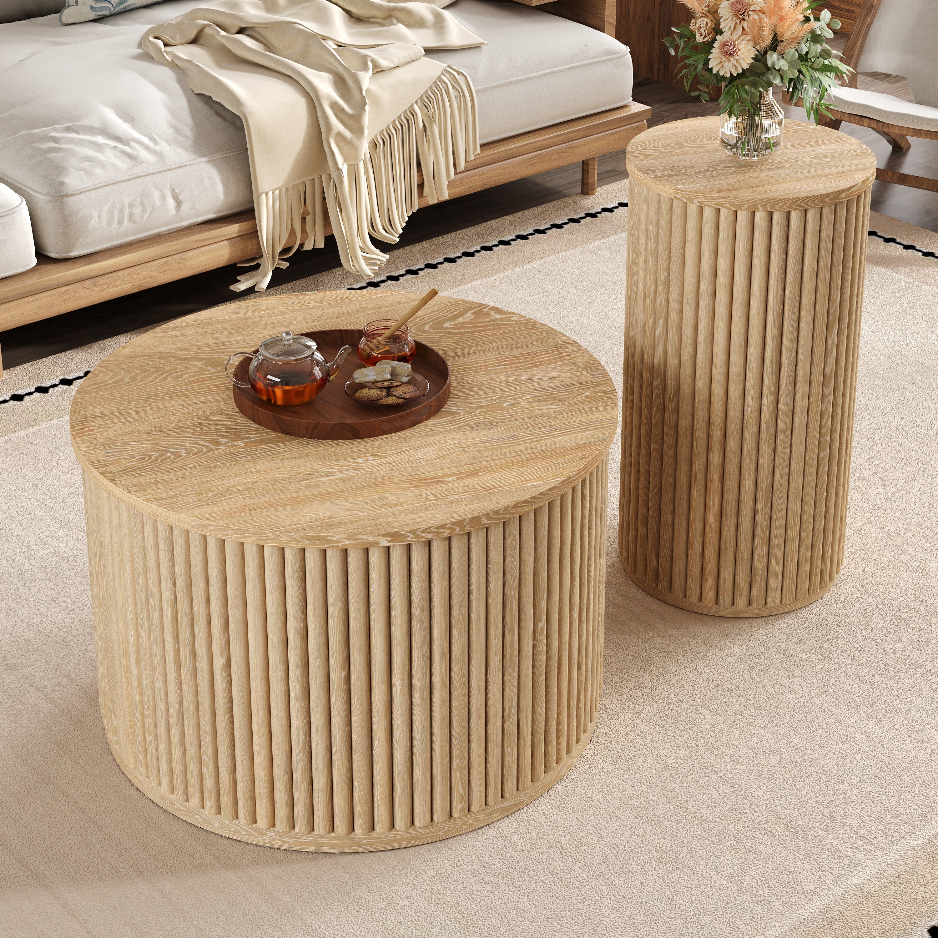 Coffee Table Double Round Slatted - Natural Wood