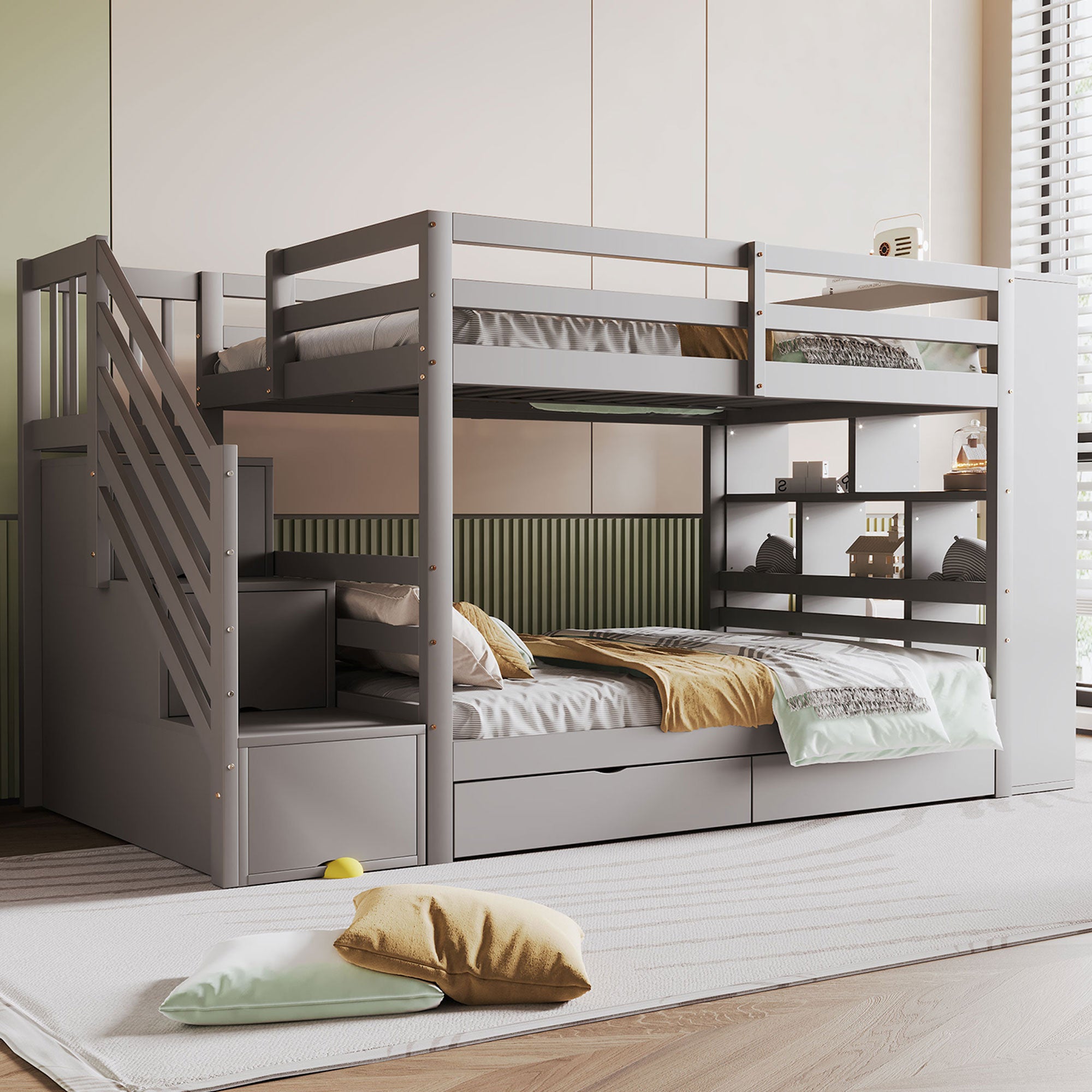 Bunk bed 90 x 200 cm with safety ladder, storage, high fence, slatted frame, grey pine