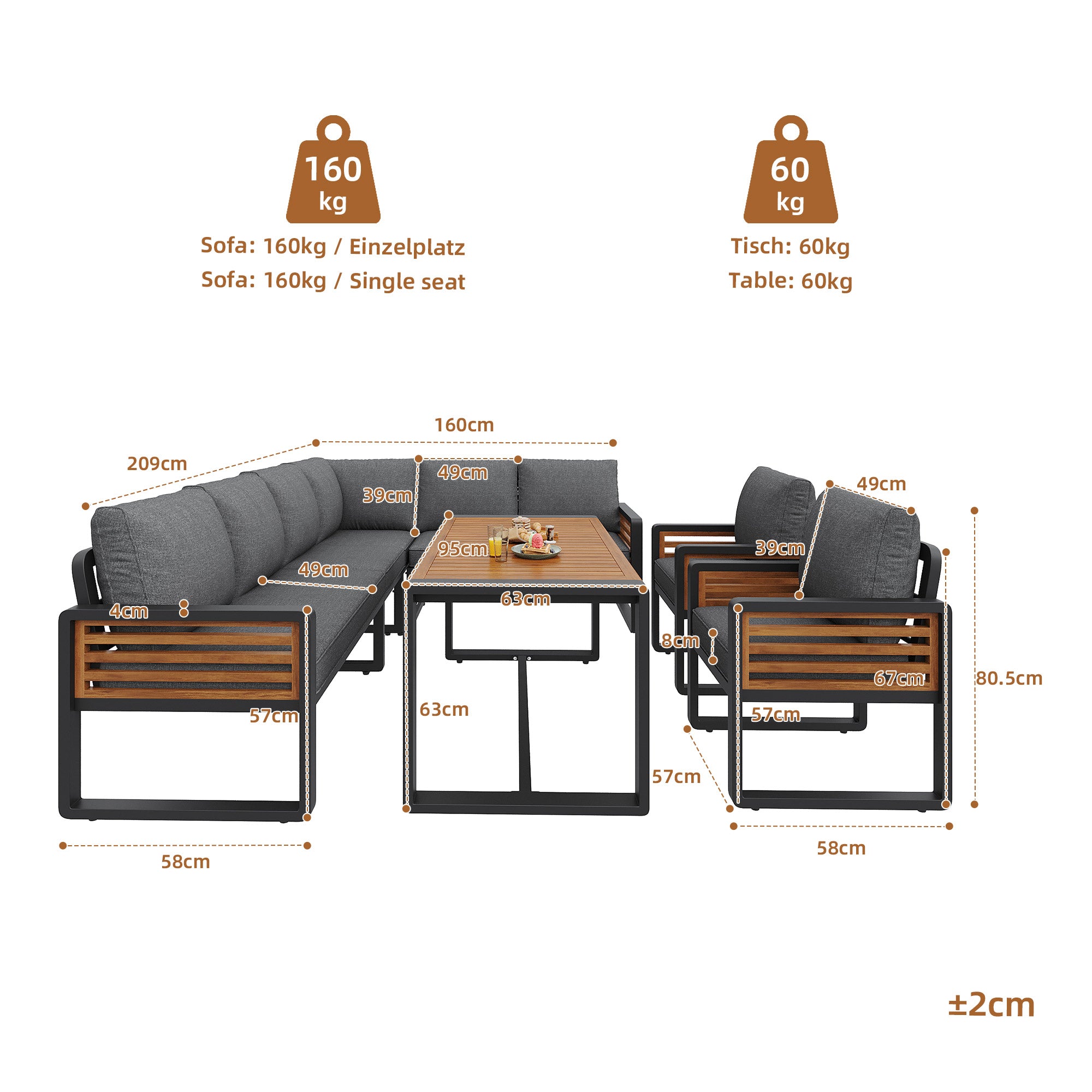 Garden Lounge Set for 8 People with Solid Wood Dining Table and Cushions, Grey