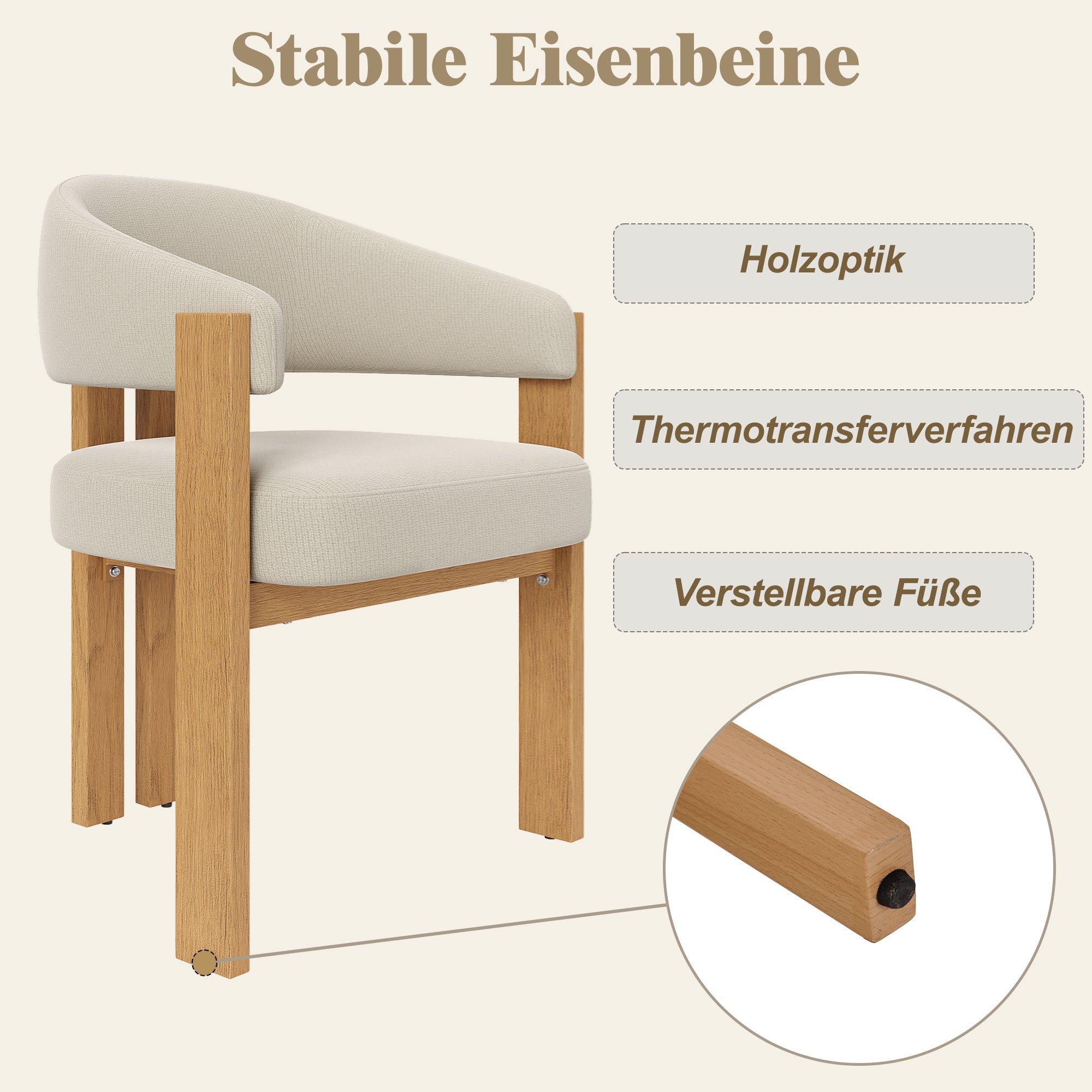 Ergonomic Dining Chair Set of 2 with Thick Padding and Sturdy Iron Legs, Wood Look