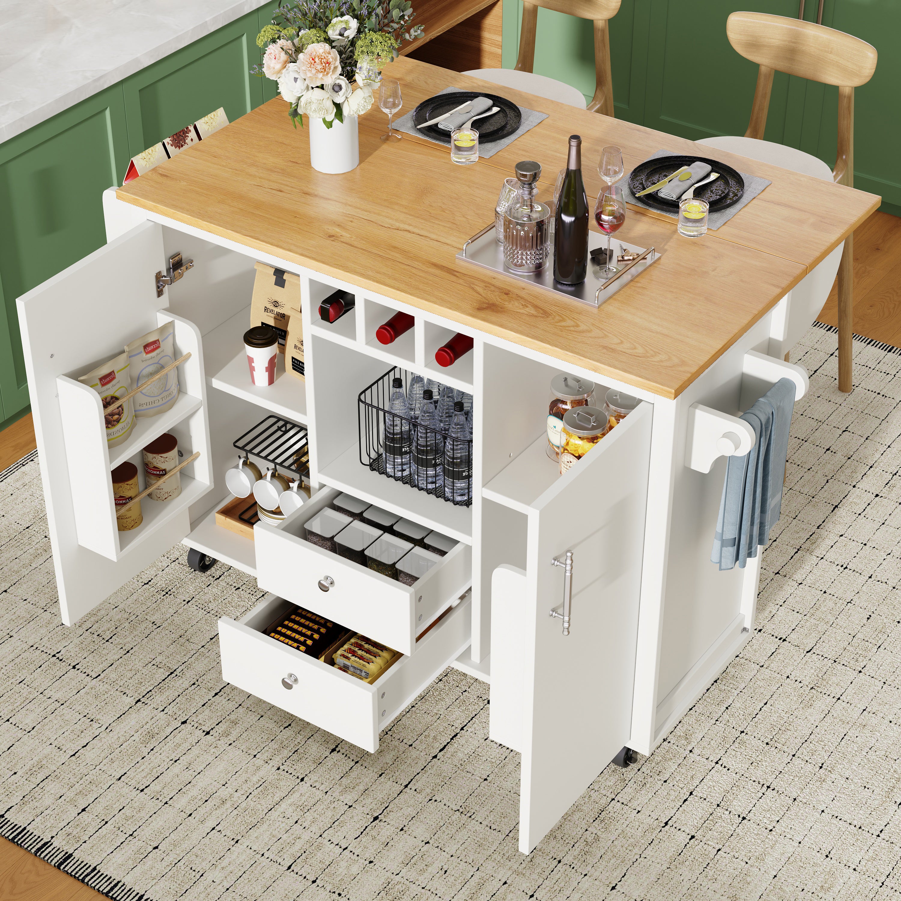 Kitchen Island Trolley with Fold-Down Worktop Storage & Adjustable Shelves - White/Black