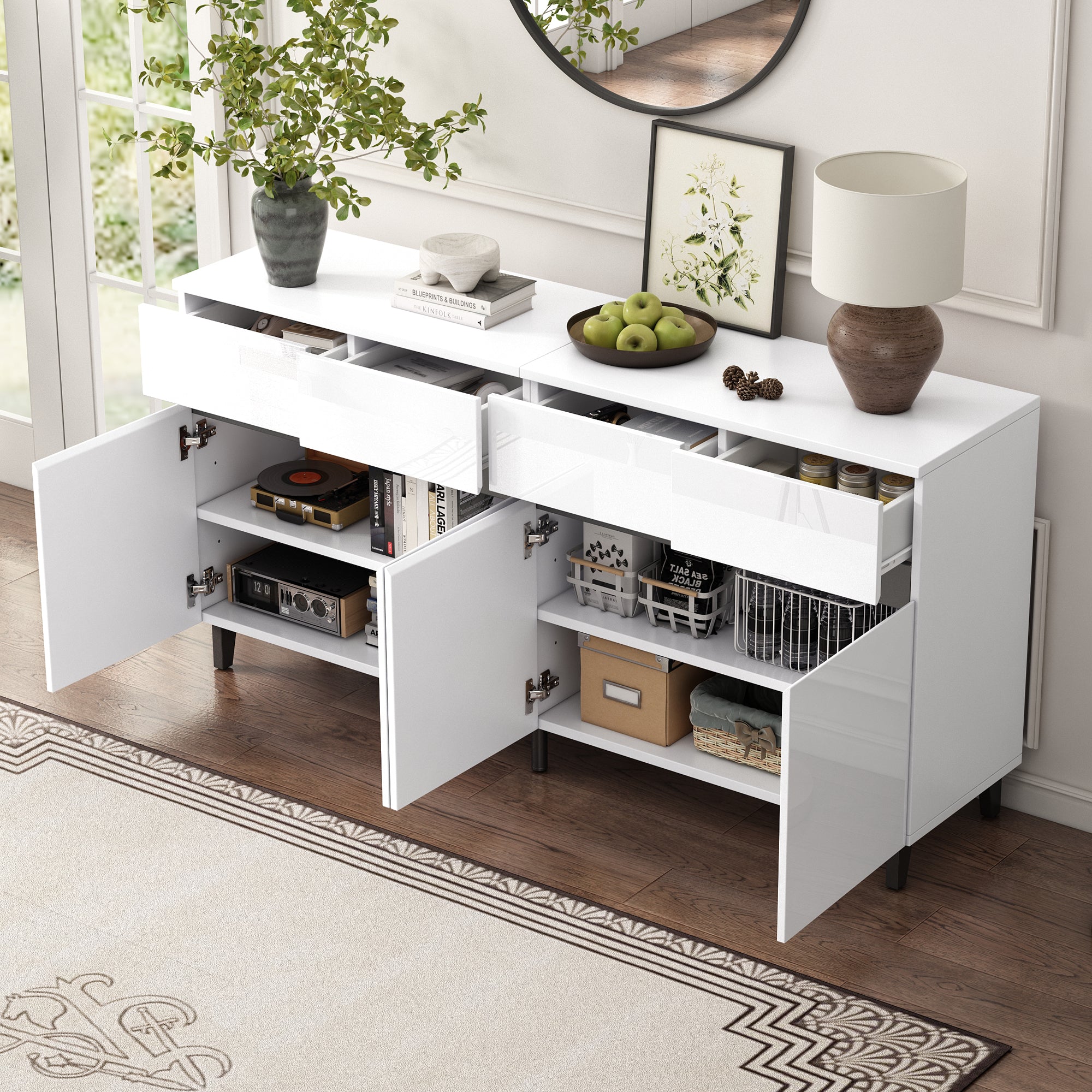 Storage Cabinet Buffet, 4 Doors 4 Drawers Adjustable Shelves, White
