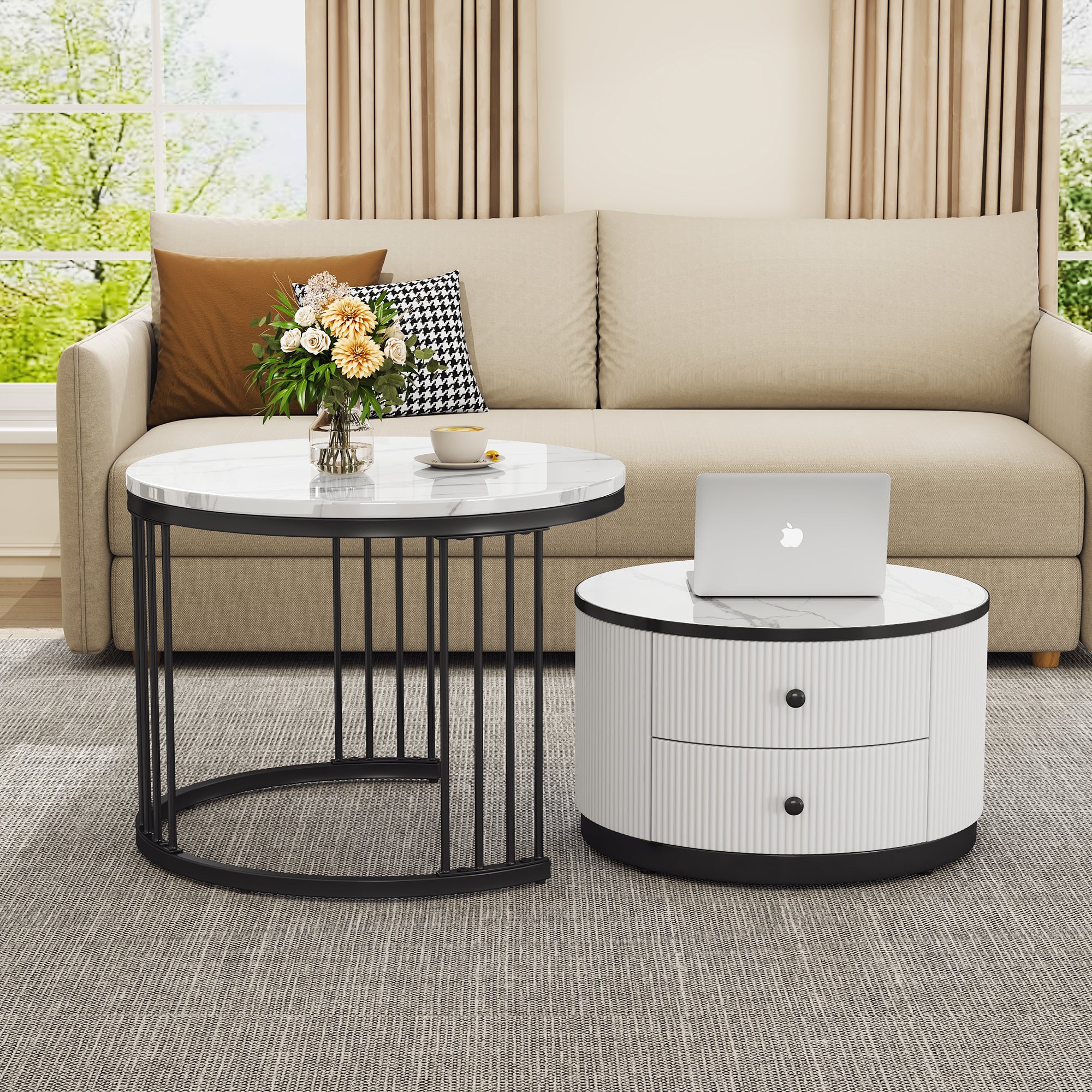 Coffee Table Set, Round Nesting with Drawers, White Marble Look