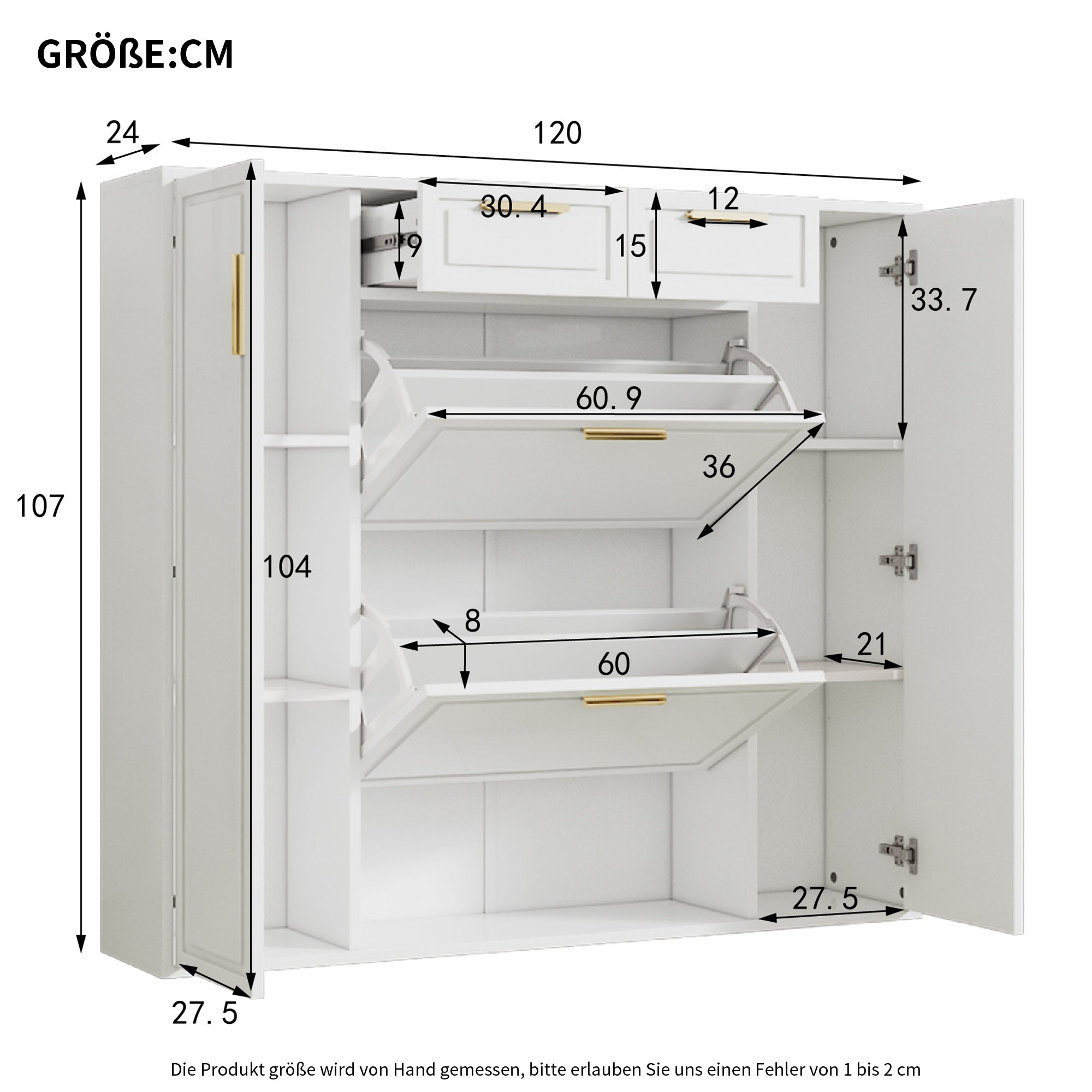 Modern shoe cabinet with adjustable shelves, 2 drawers, folding and 2 doors, white