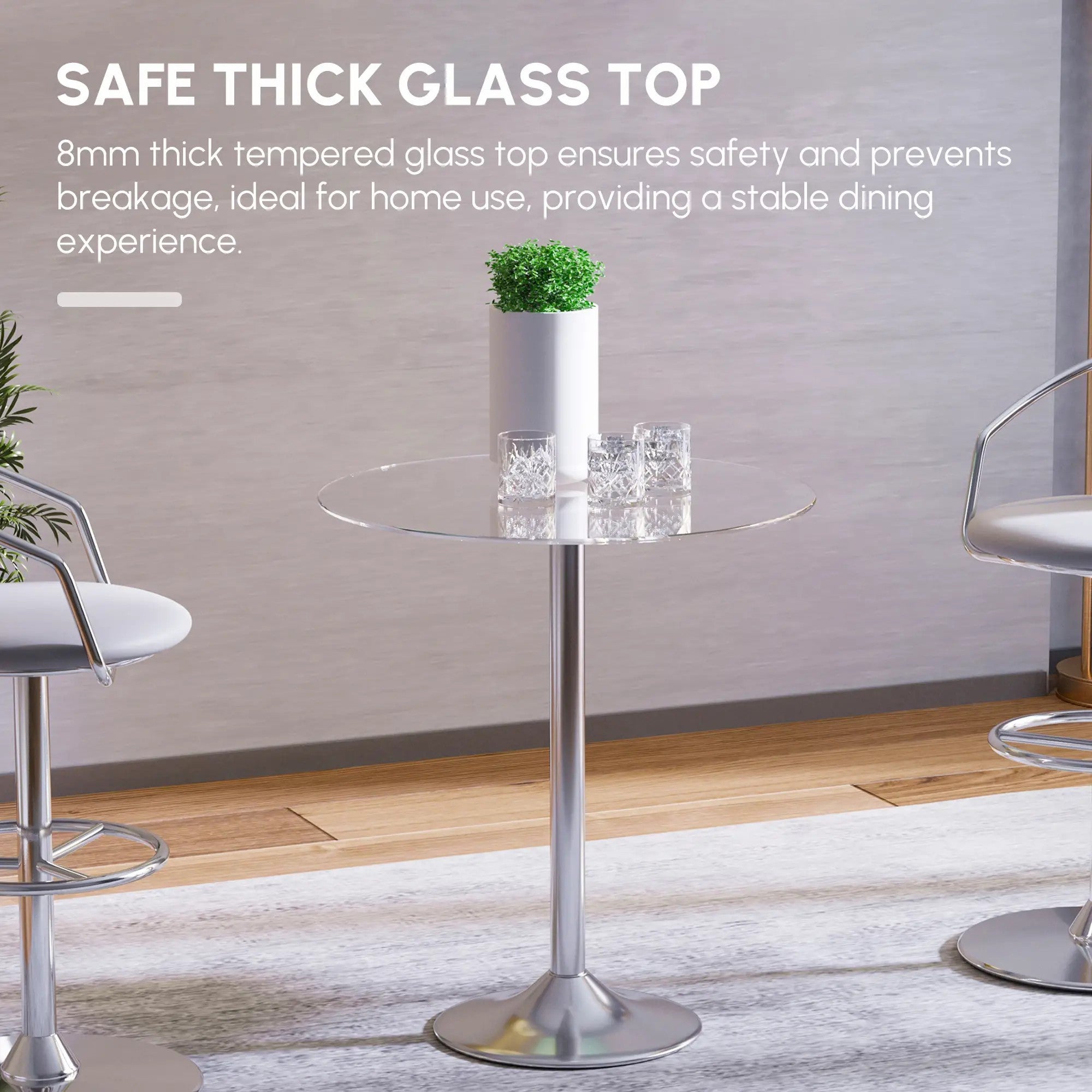 Round Dining Table Modern Tempered Glass Top Steel Base Small Bar Table Tempered Glass