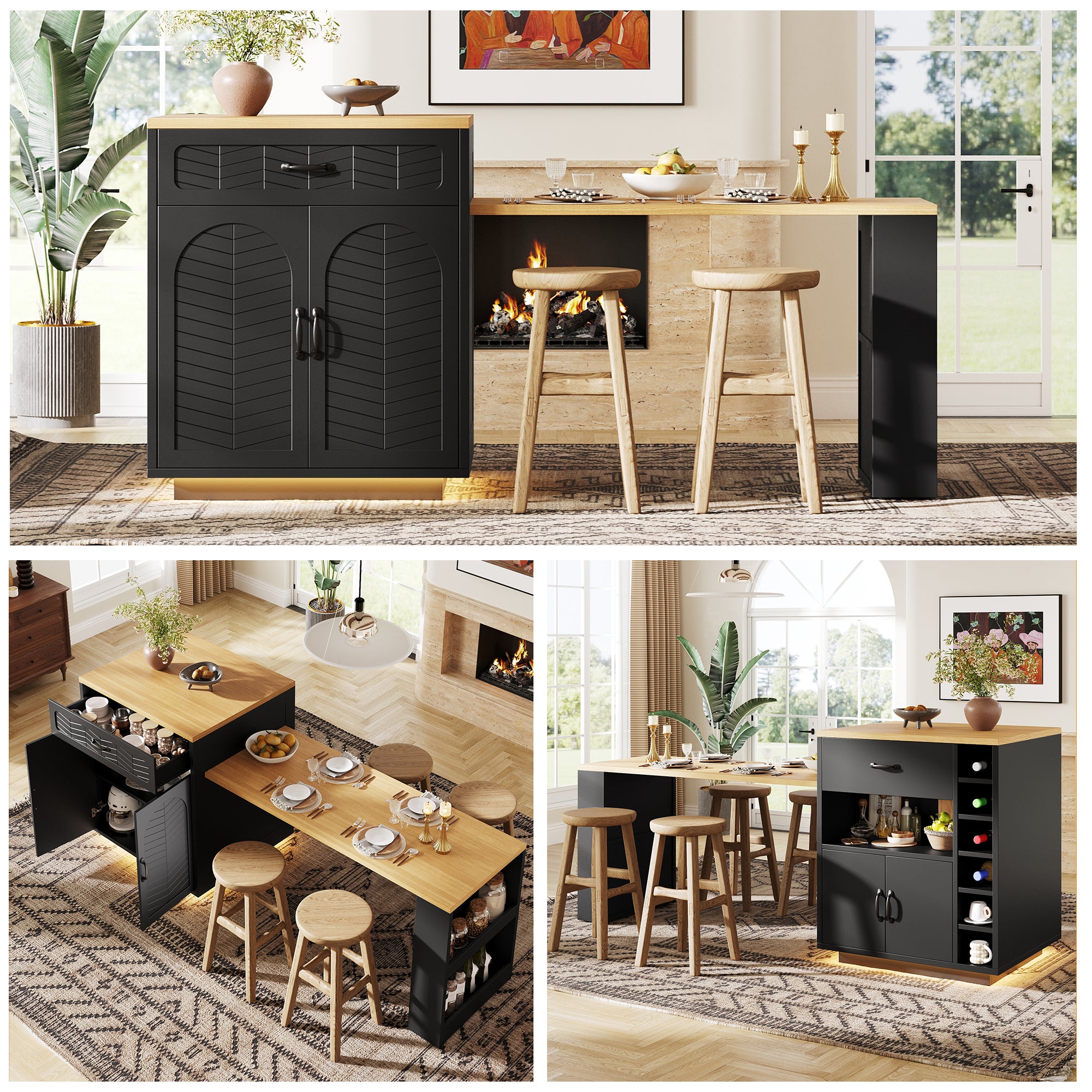 Kitchen Island with Pull-out Table and Storage Drawers, Black and White