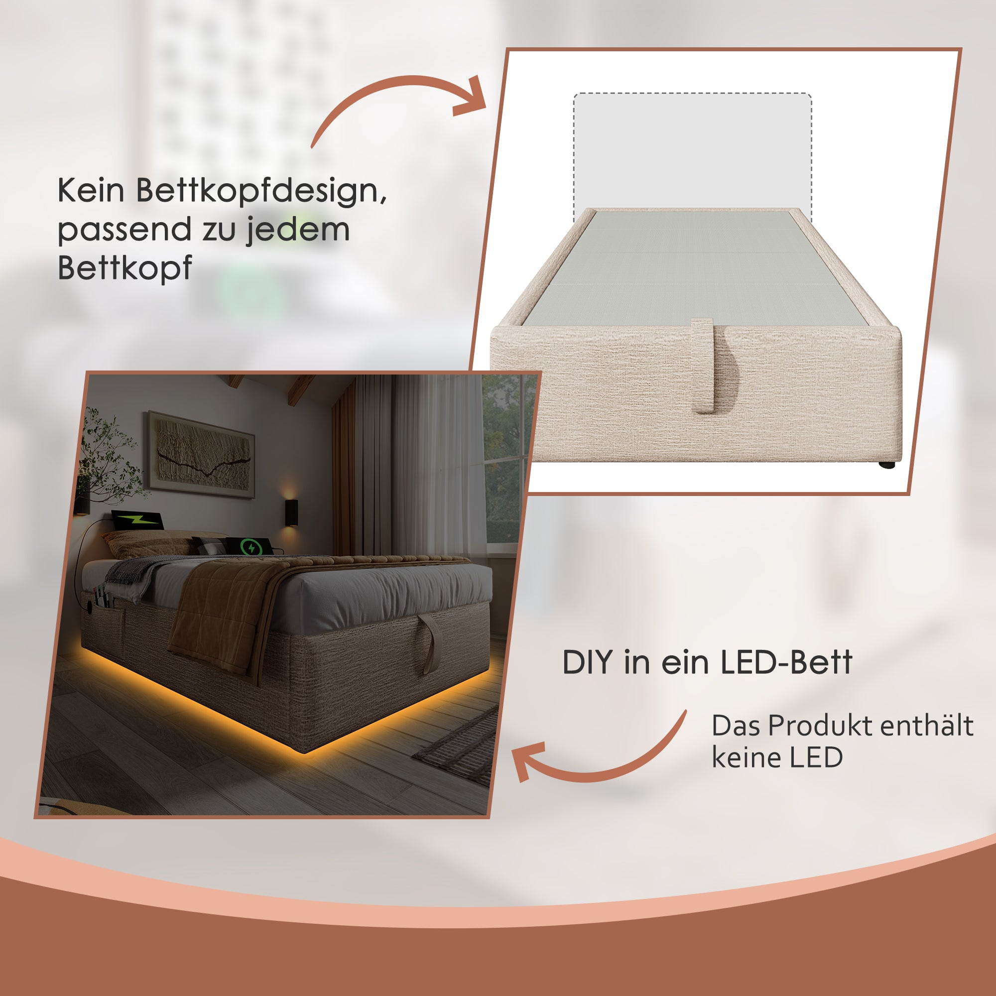 Upholstered Single Bed, 90x190 cm with USB-C and Slatted Frame, Natural Linen