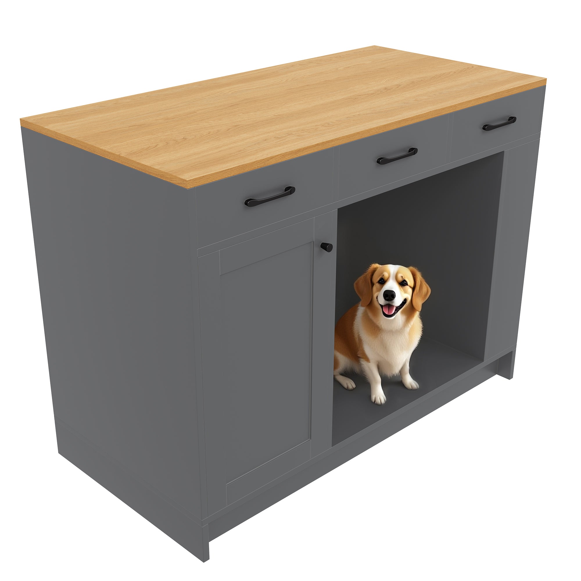 Kitchen Island with 3 Drawers, Spice Rack and Pet Storage Area, Grey