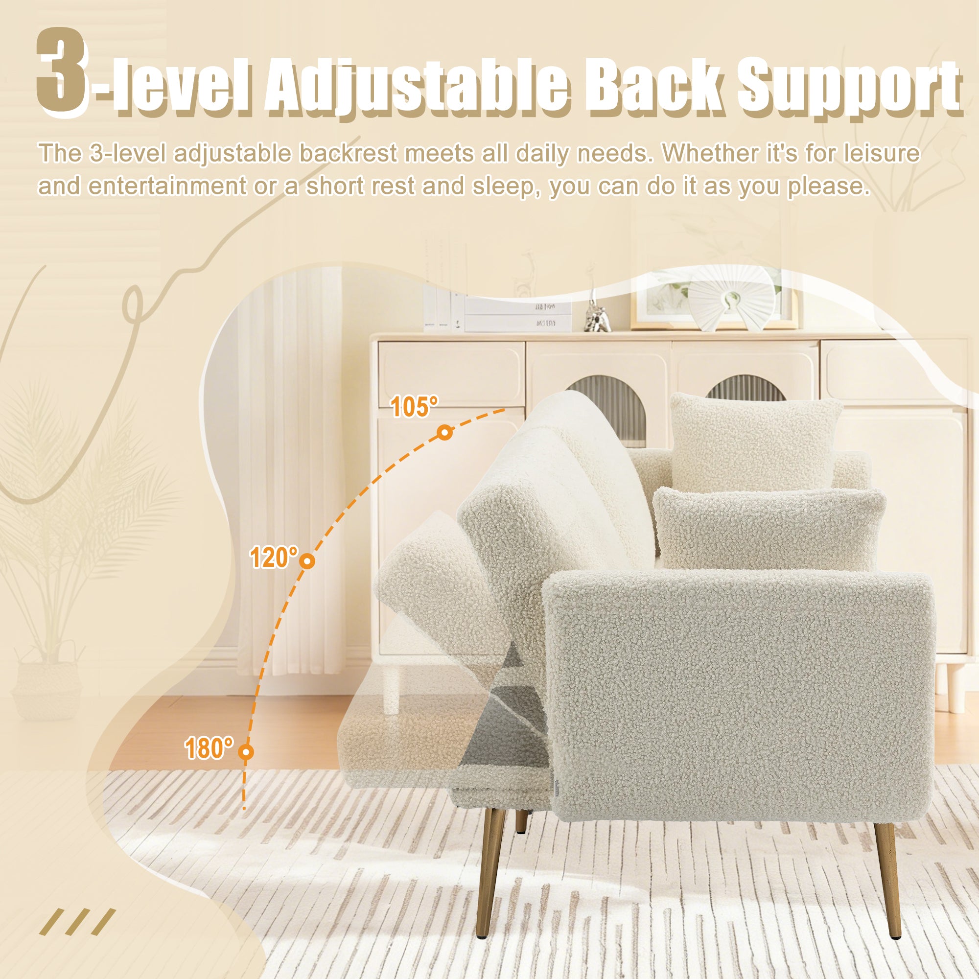 GOMYWAY Modern 2-Seater Sofa 3-Speed Adjustable Backrest Gold Metal Legs White Teddy