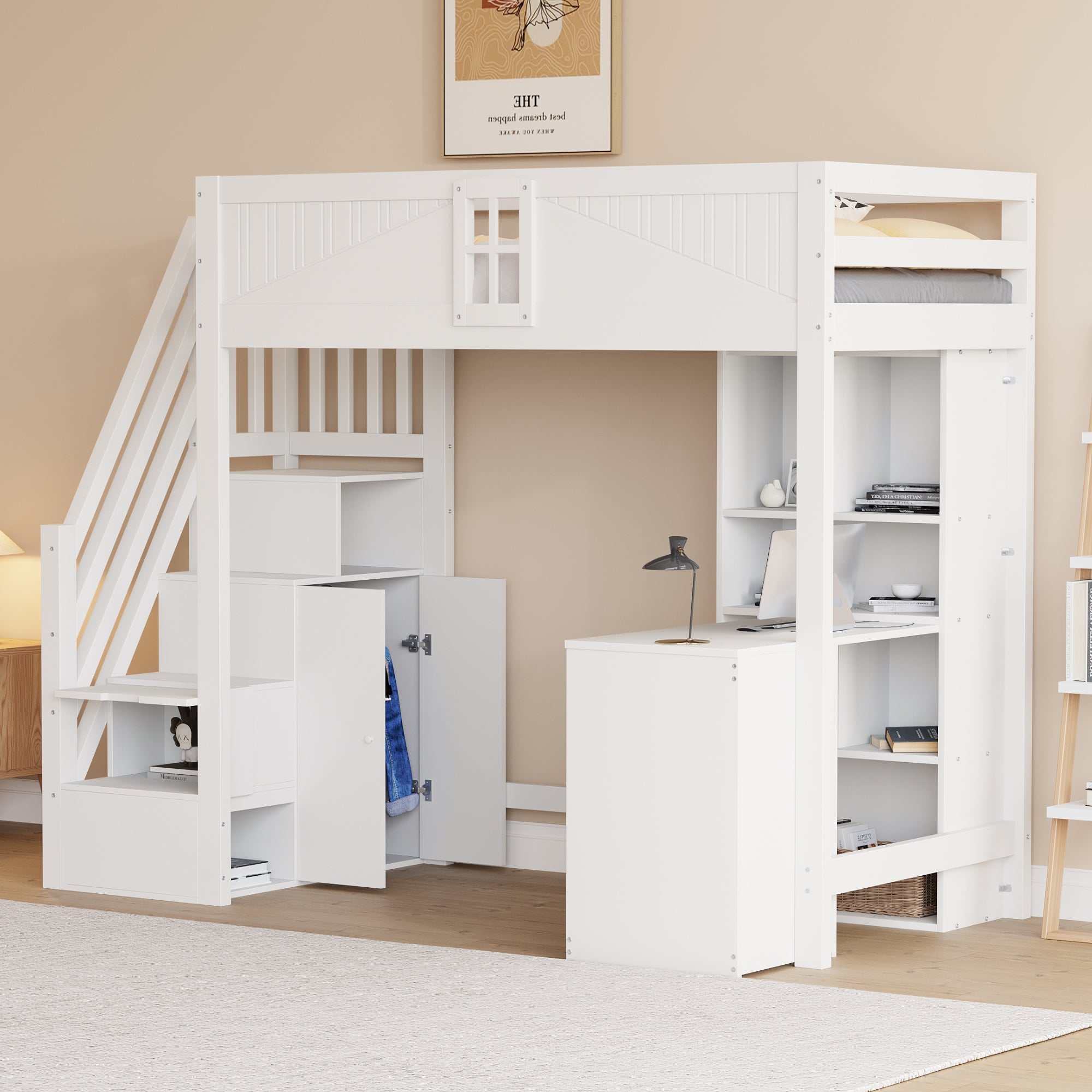 Loft Bed, 90x200cm with Storage, Desk, Drawers, White Solid Wood