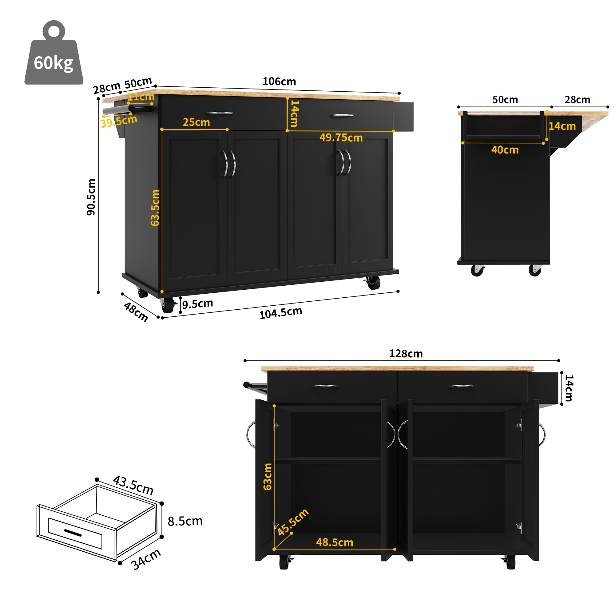Modern Kitchen Island Multifunctional Dining Cart Storage - Black