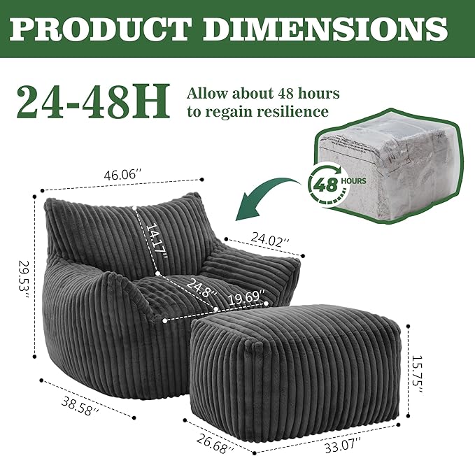 Bean Bag Chair with Footrest, Shredded Foam with Effortless Rebound, Corduroy