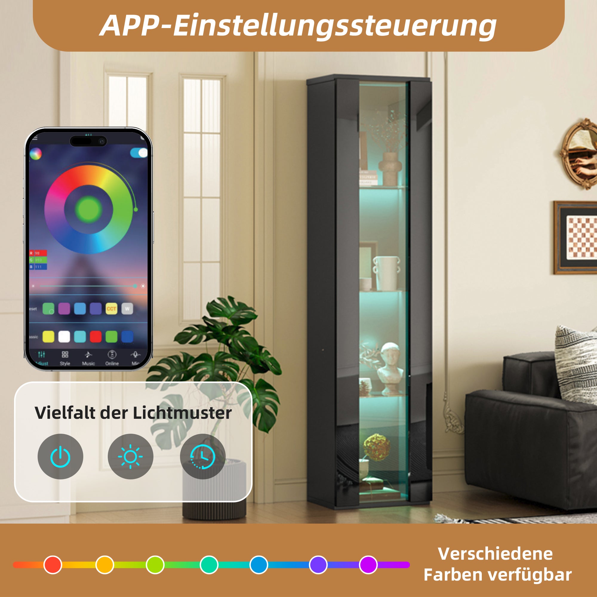 Display Case 40x29x170cm LED Light App Control Glass Partition - Black