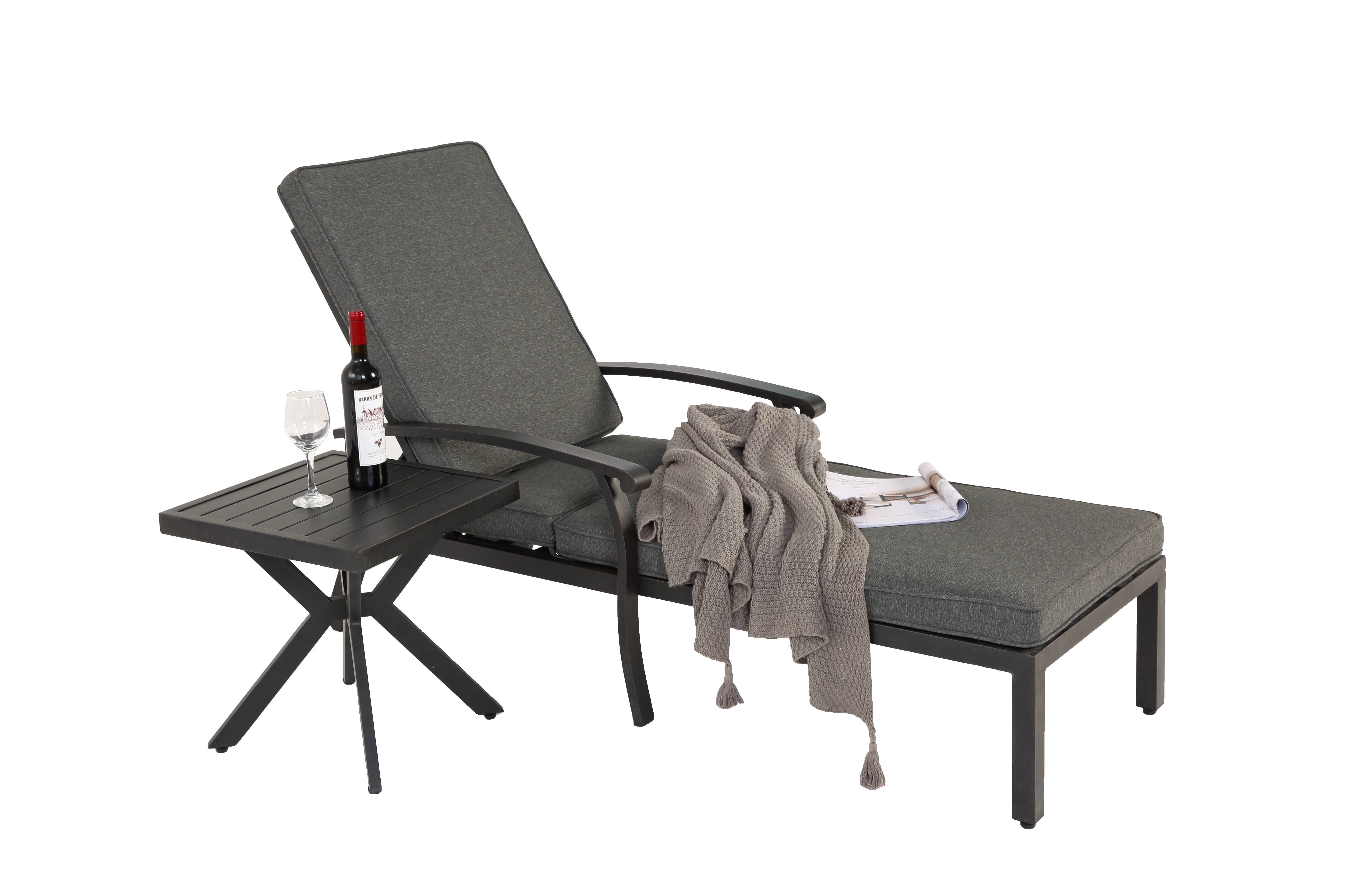 Lounge Patio Chair, Adjustable Reclining Rustproof Aluminum, Gray Cushion