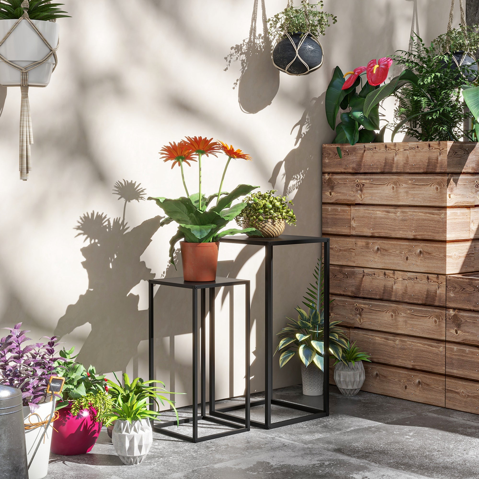 Plant Stands, 2-Piece Set Scandinavian Design Steel Legs, Black