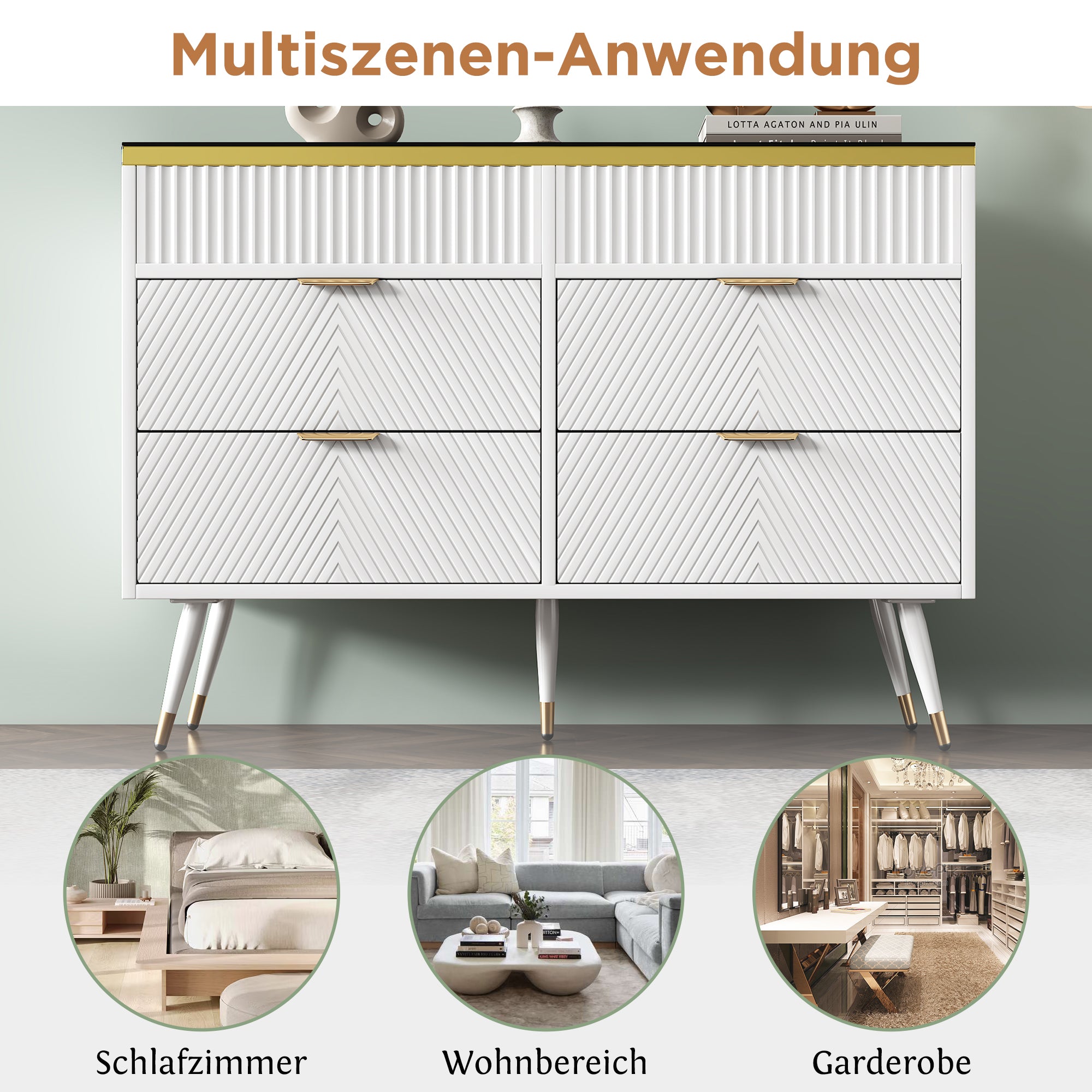 Sideboard, 6-Drawer Amber Glass, White