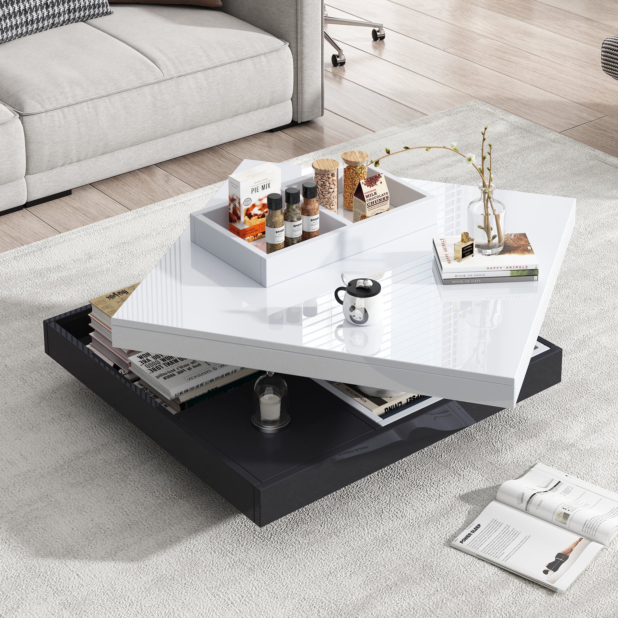 High-gloss tabletop coffee table, 360° rotatable, 2-tier with storage, white and black