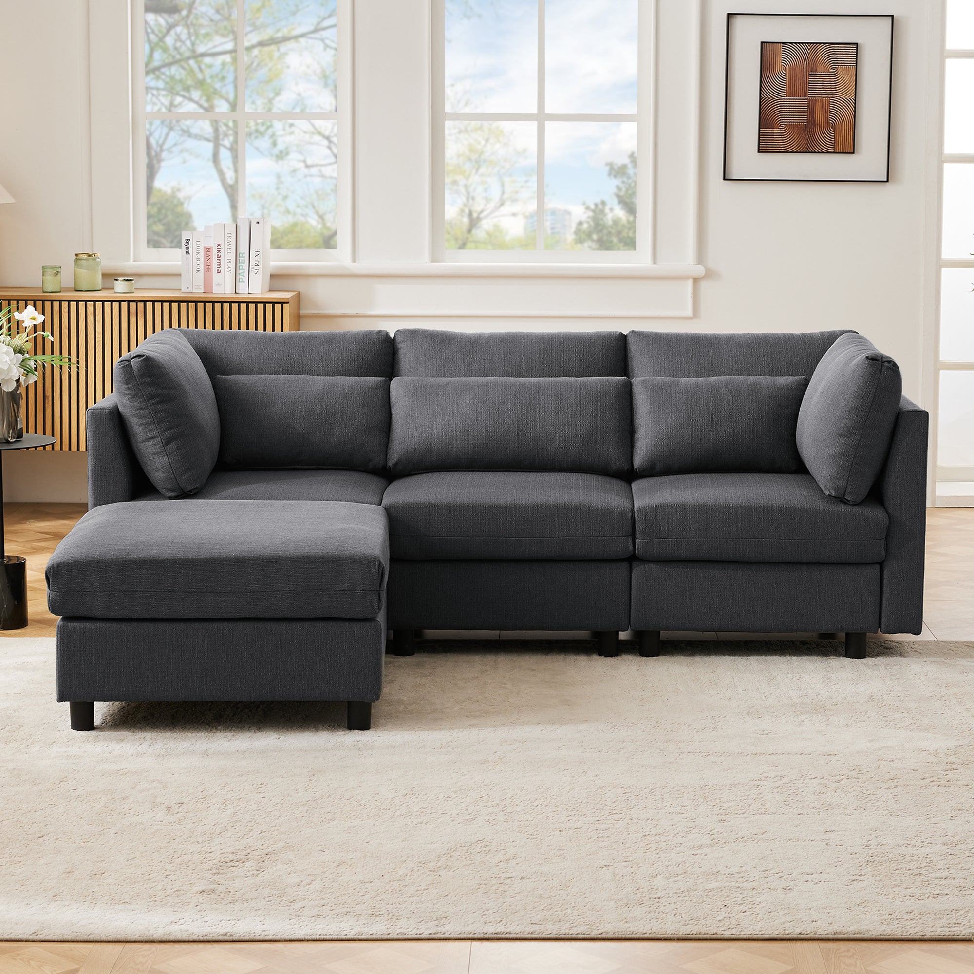 Sofa, Three-Seater L-Shaped Corner with Footstool, Upholstered