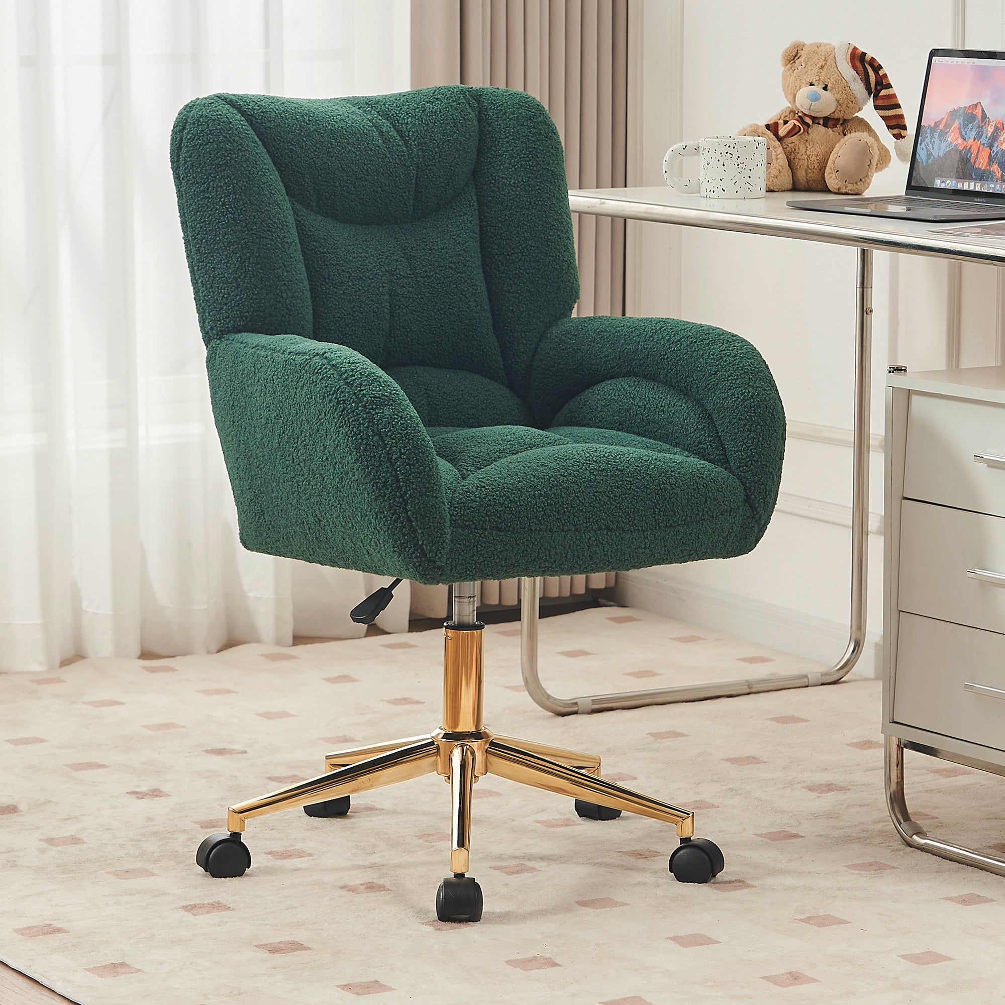 005 Swivel Chair, Height-Adjustable for Home Office, Teddy Fabric, Green