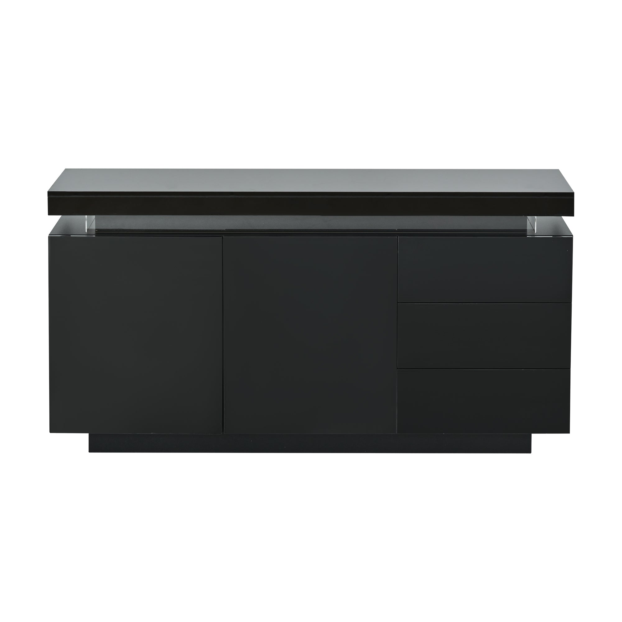 Modern Sideboard Cabinet High-Gloss LED Handleless 2 Doors 3 Drawers 140cm - Black